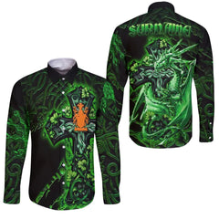 Irish Long Sleeve Button Shirt - Celtic Cross & Dragon