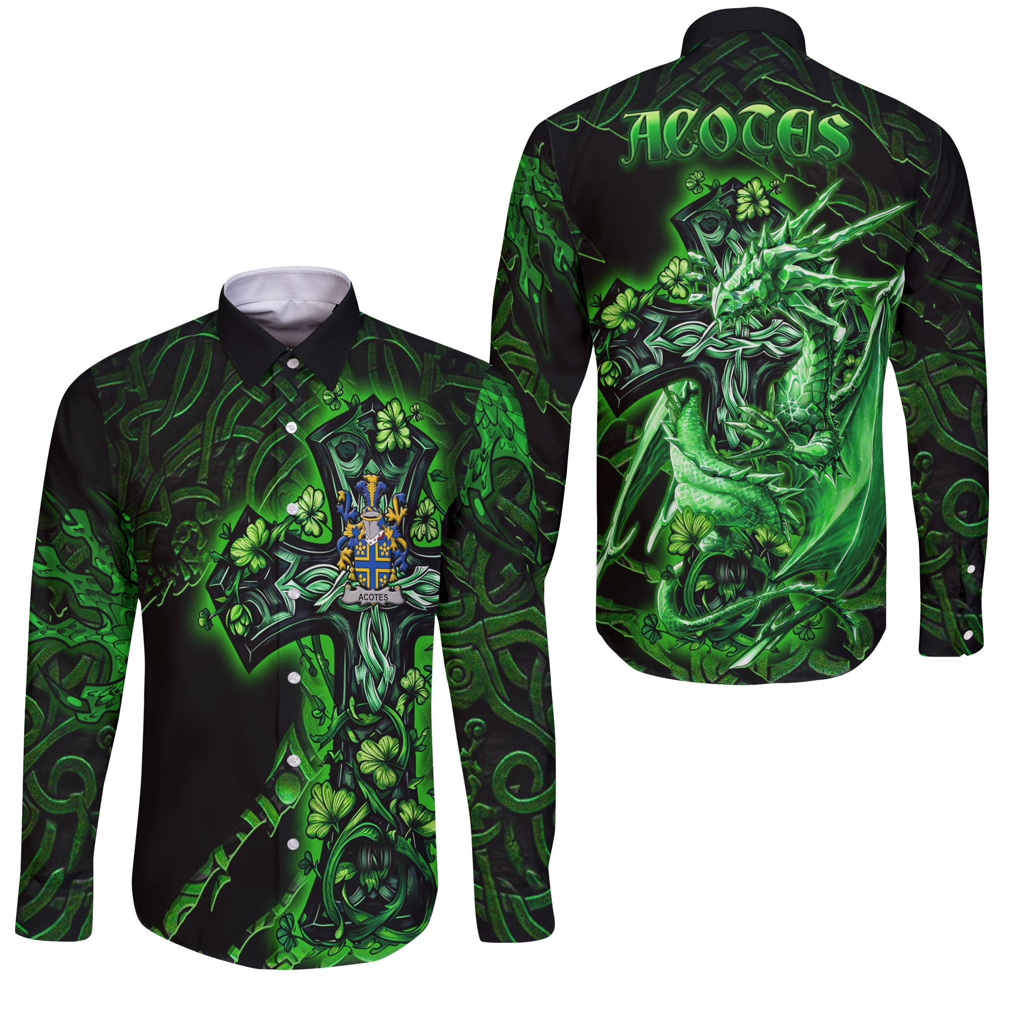 Acotes Long Sleeve Button Shirts Celtic Cross And Dragon Style