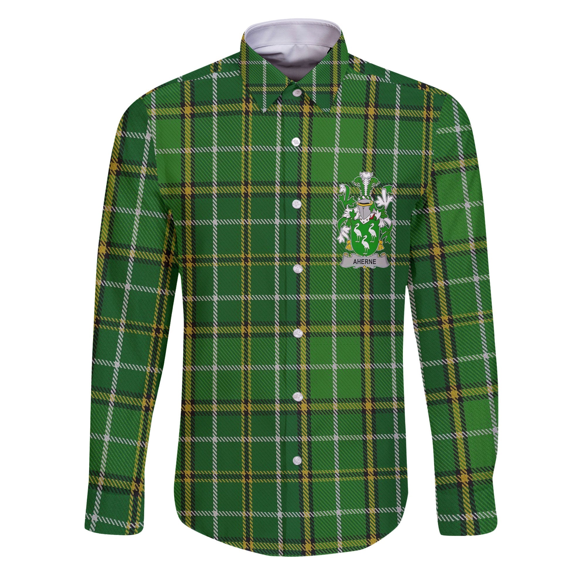 Aherne or Mulhern Long Sleeve Button Shirts Crest And National Plaid Style