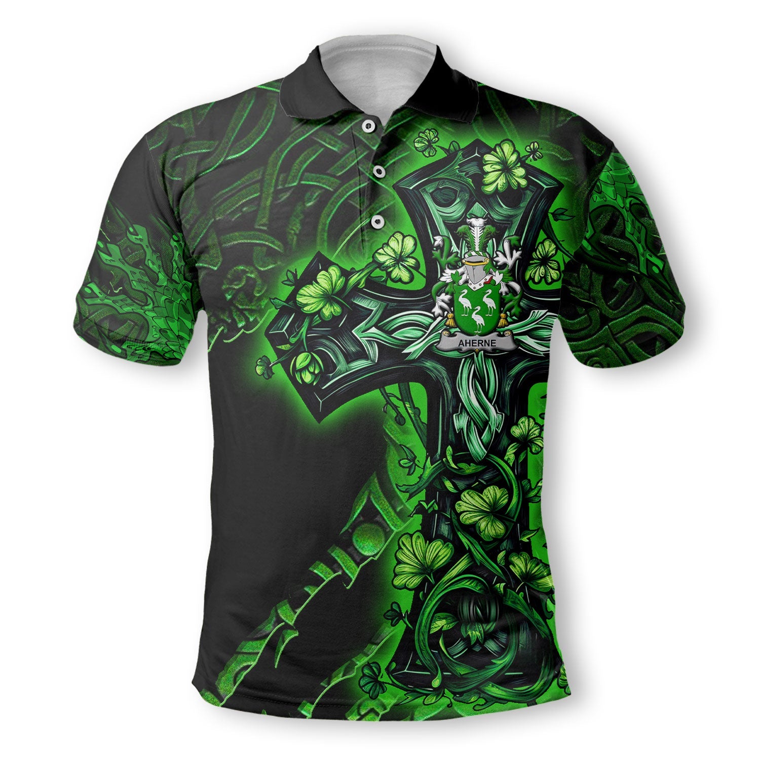 Aherne or Mulhern Polo Shirts Celtic Cross And Dragon Style