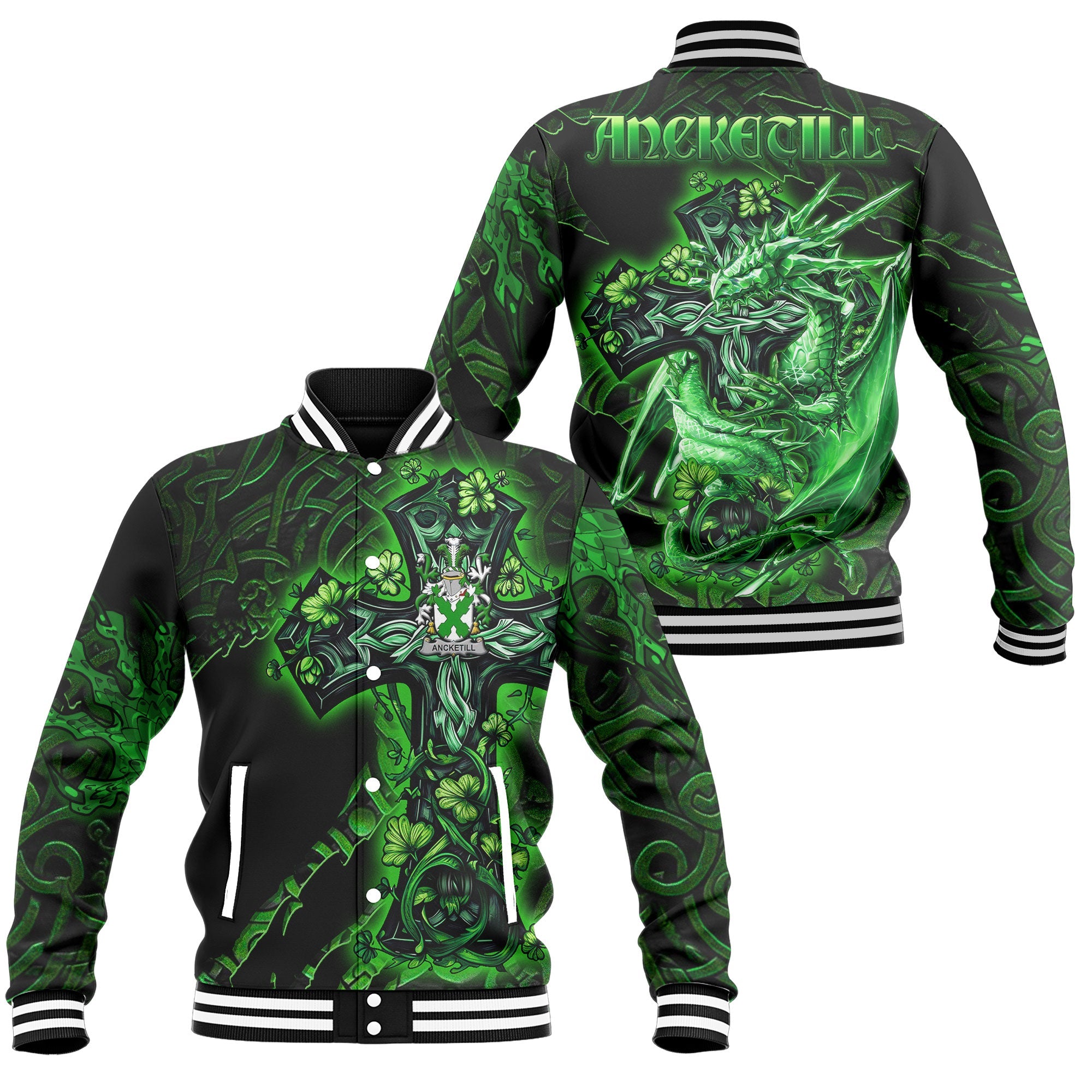 Ancketill Baseball Jackets Celtic Cross And Dragon Style