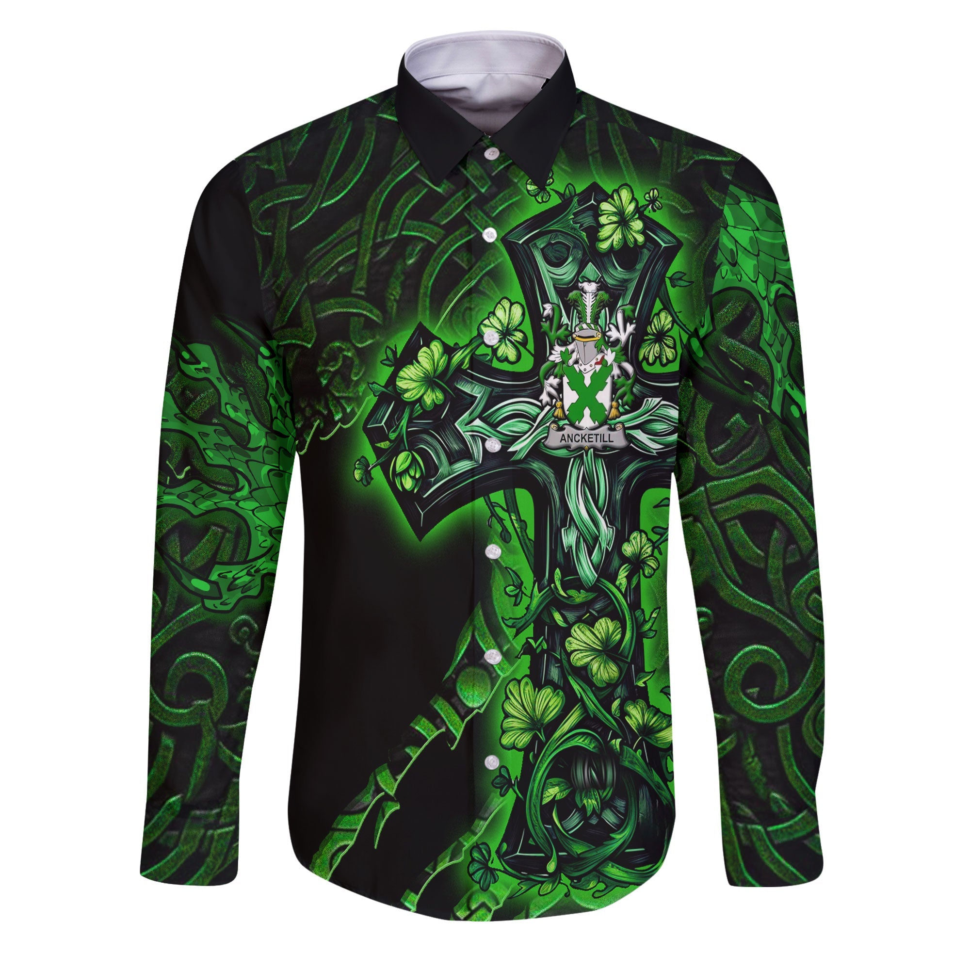 Ancketill Long Sleeve Button Shirts Celtic Cross And Dragon Style