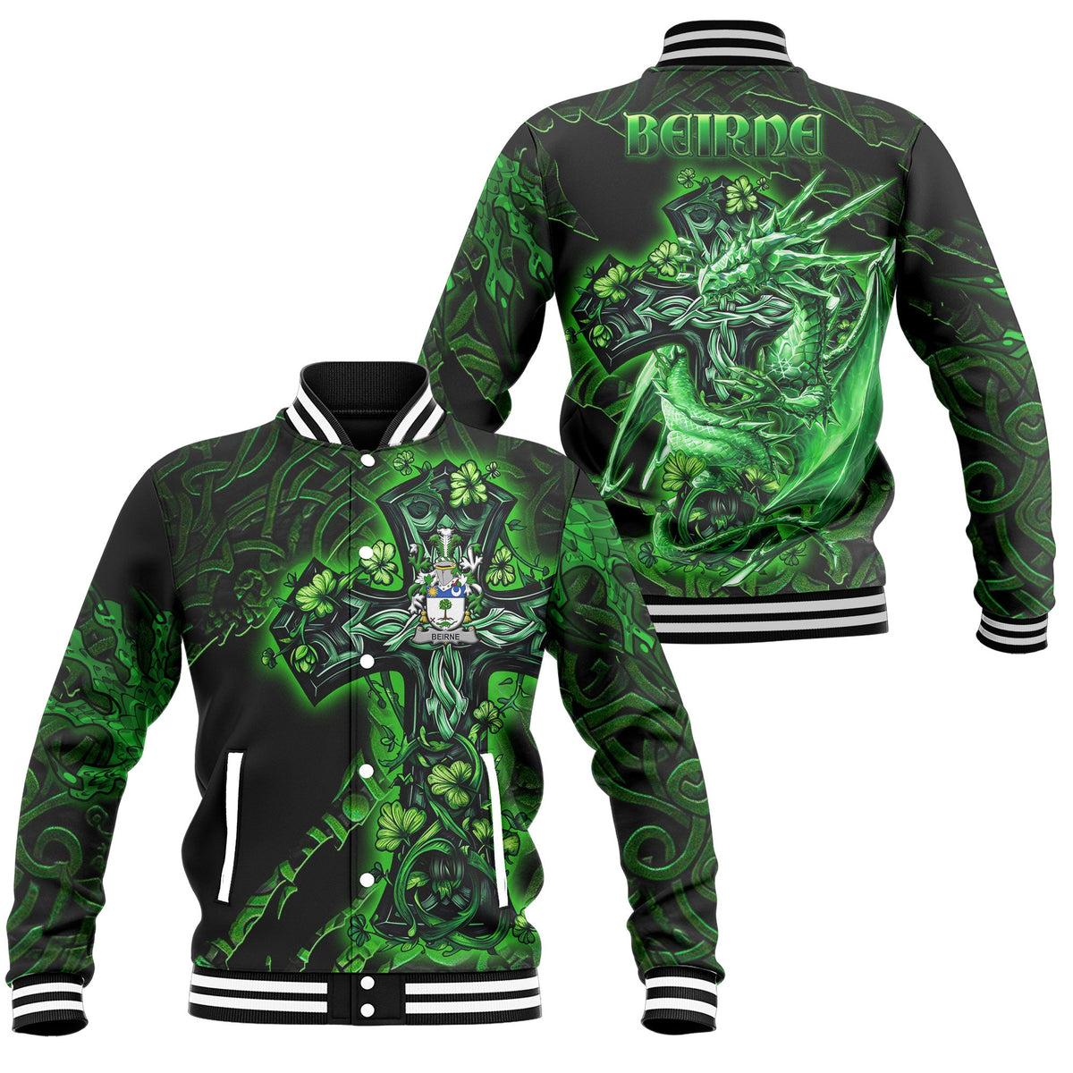 Beirne or O Beirne Baseball Jackets Celtic Cross And Dragon Style