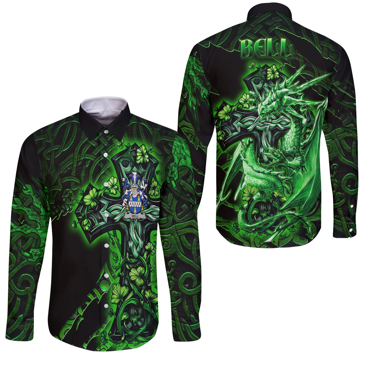 Bell Long Sleeve Button Shirts Celtic Cross And Dragon Style