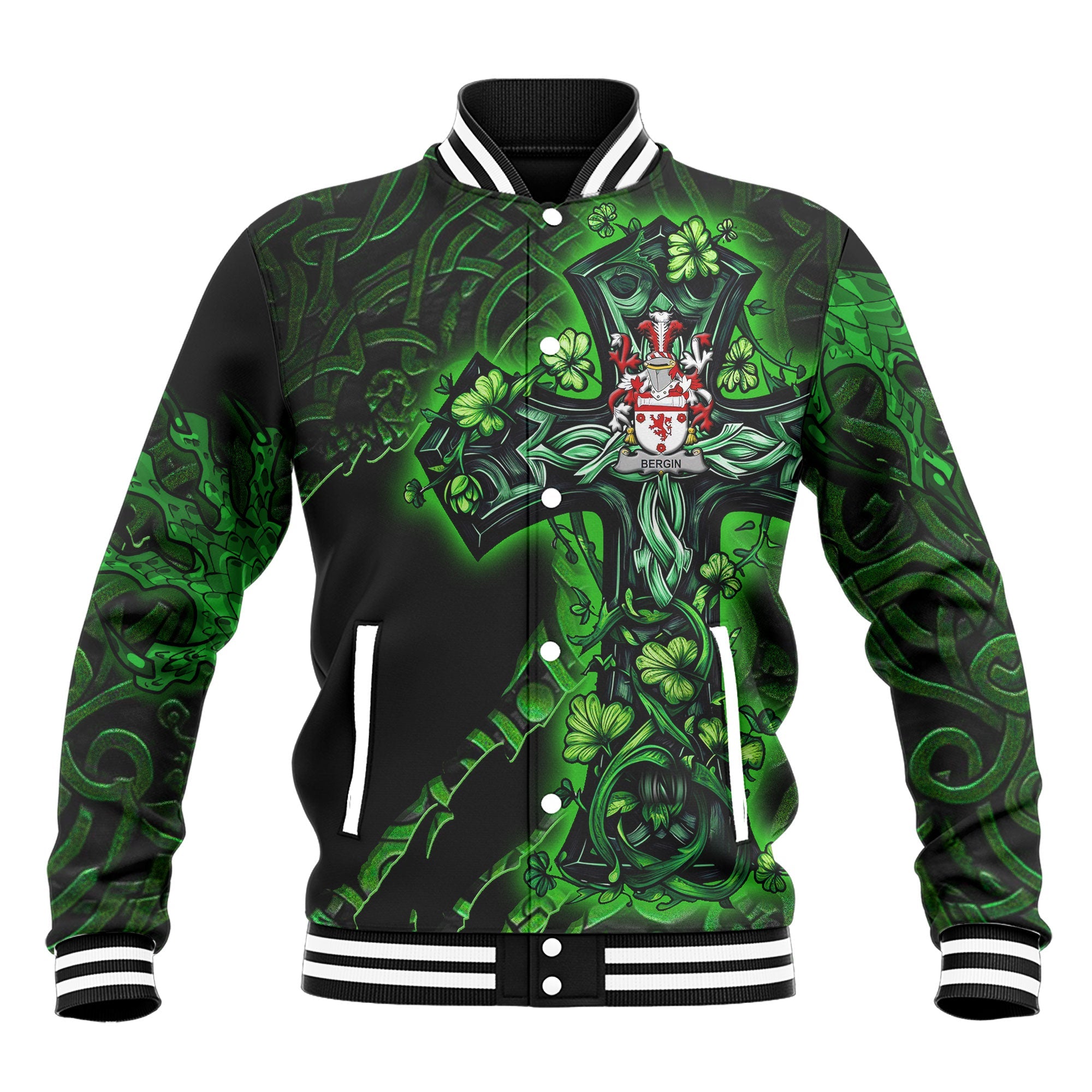 Bergin or O Bergin Baseball Jackets Celtic Cross And Dragon Style