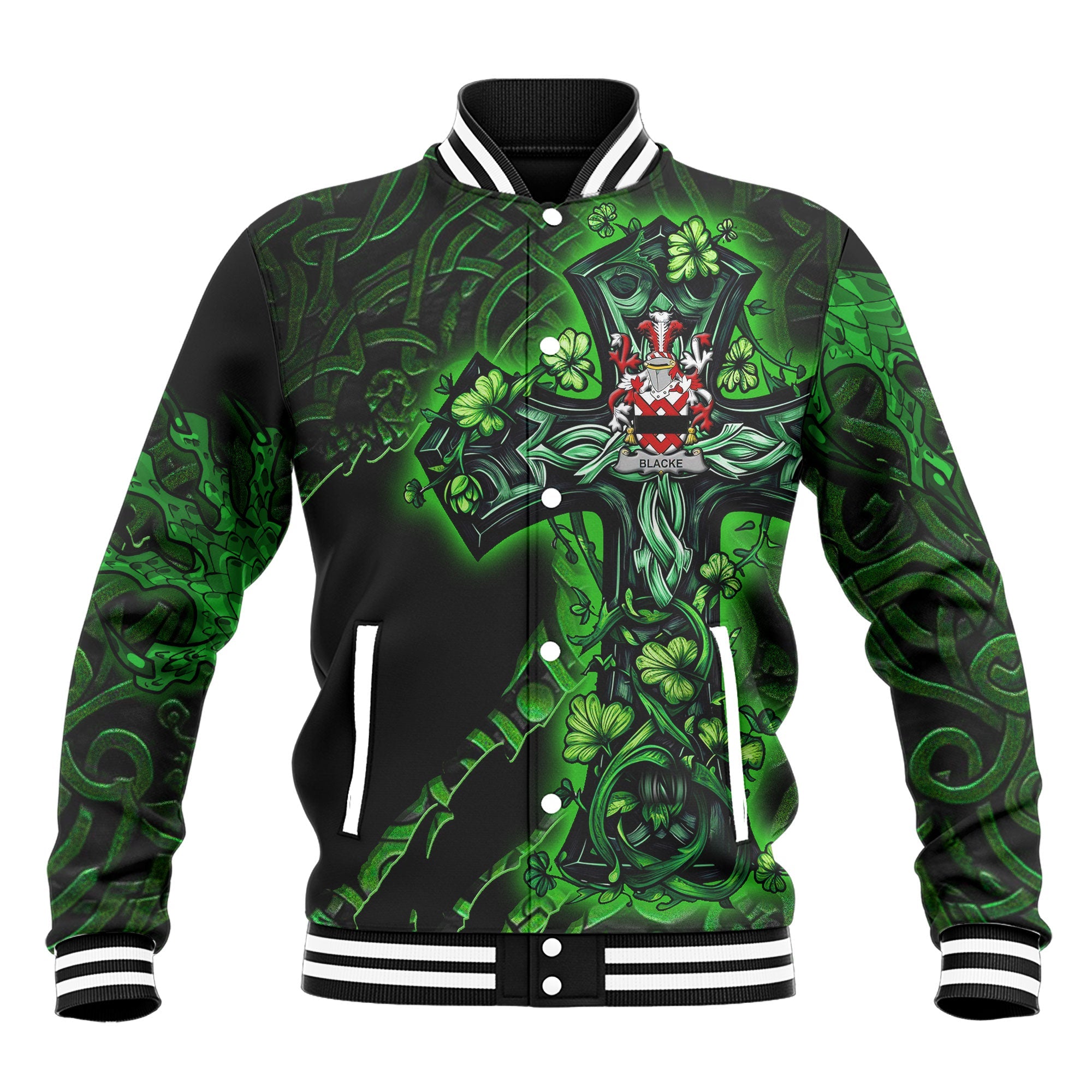 Blacke Baseball Jackets Celtic Cross And Dragon Style