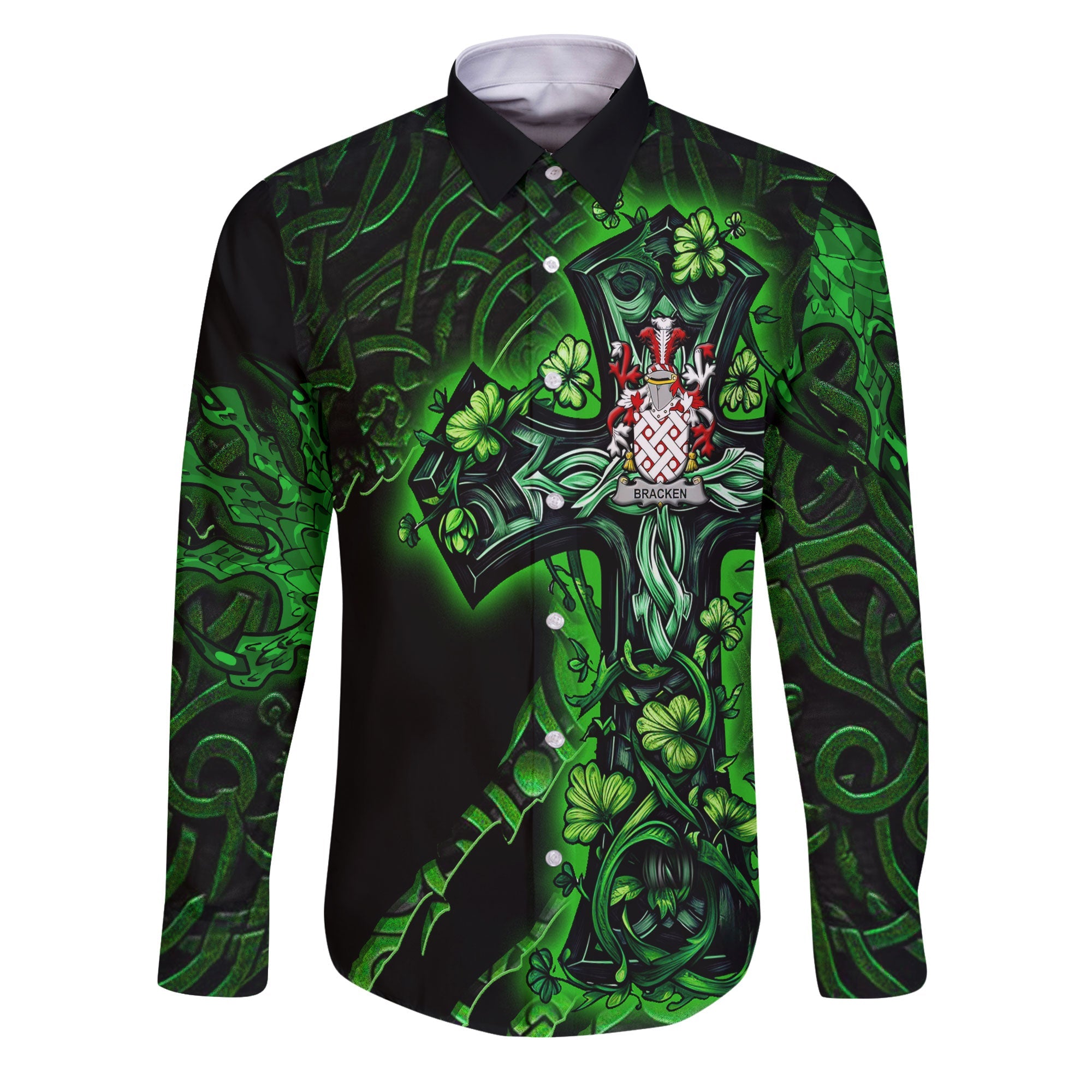 Bracken or O Bracken Long Sleeve Button Shirts Celtic Cross And Dragon Style