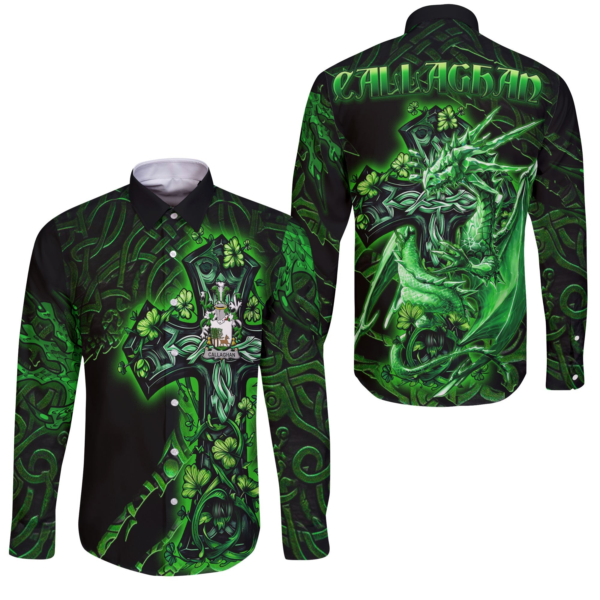 Callaghan or O Callaghan Long Sleeve Button Shirts Celtic Cross And Dragon Style