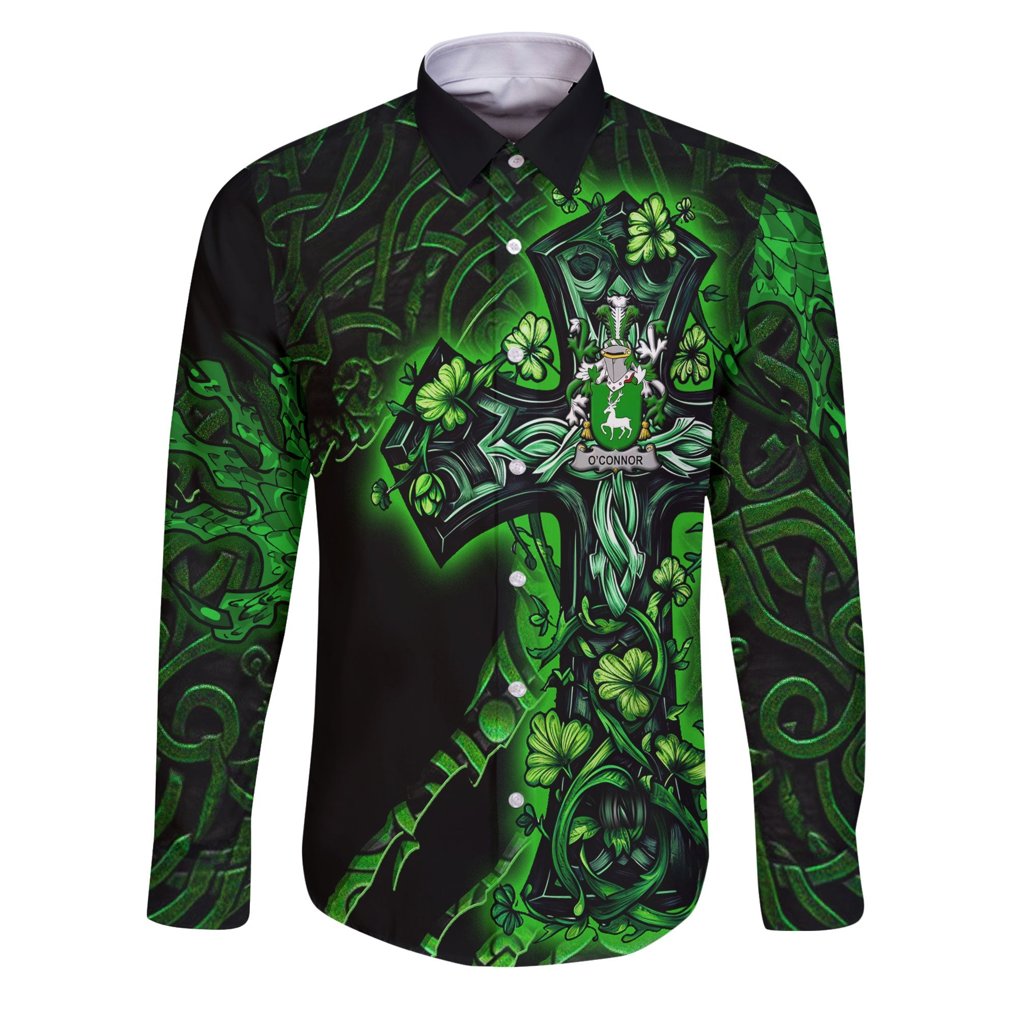 Connor or O Connor Corcomroe Long Sleeve Button Shirts Celtic Cross And Dragon Style