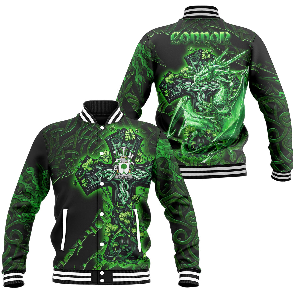 Connor or O Connor Don Baseball Jackets Celtic Cross And Dragon Style