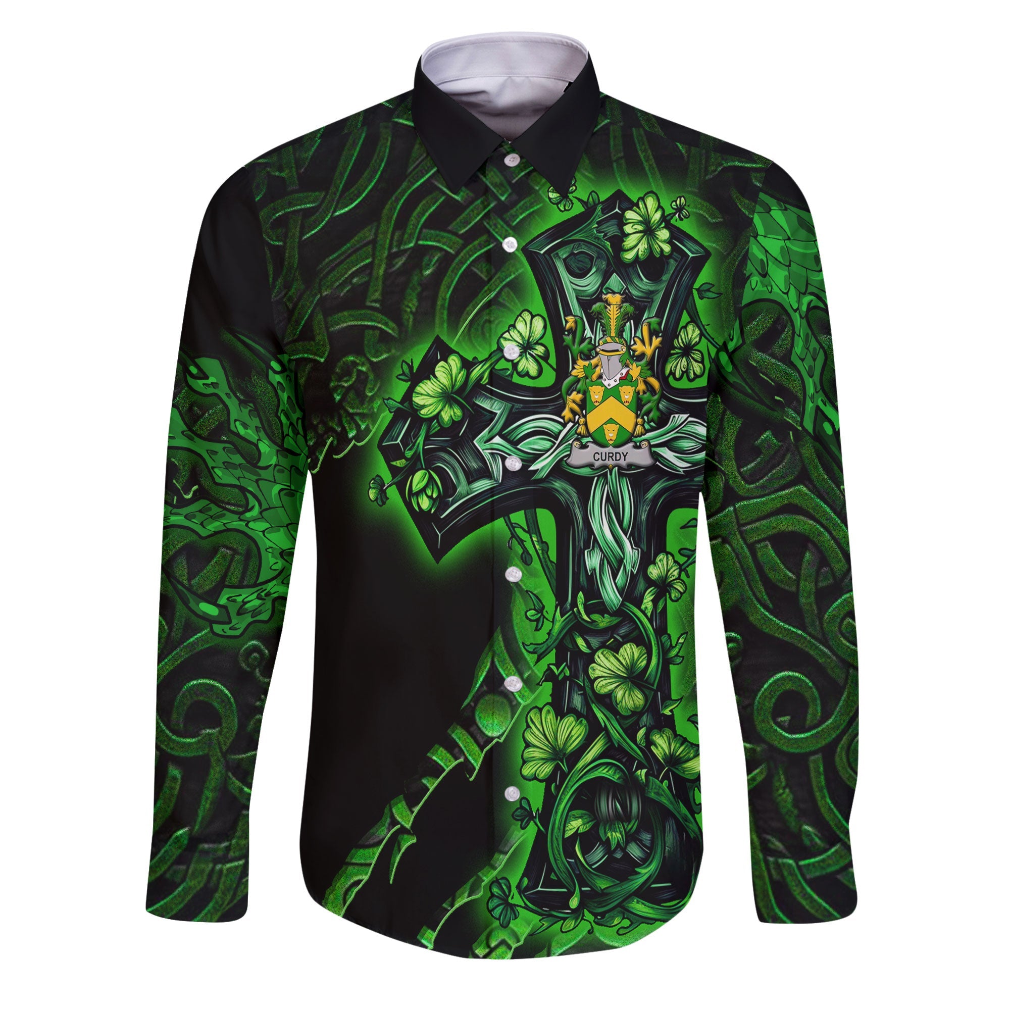 Curdy or McCurdy Long Sleeve Button Shirts Celtic Cross And Dragon Style