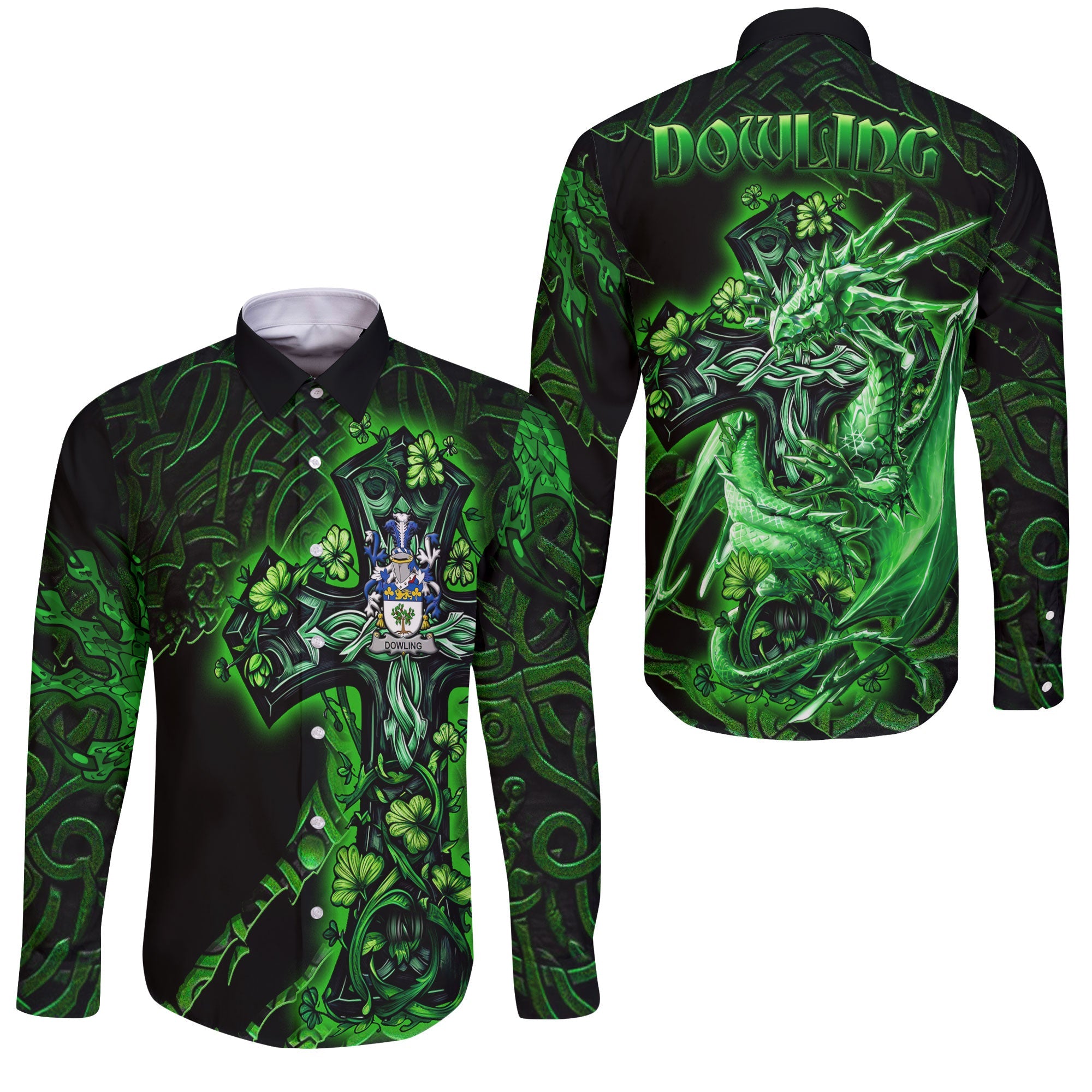 Dowling or O Dowling Long Sleeve Button Shirts Celtic Cross And Dragon Style