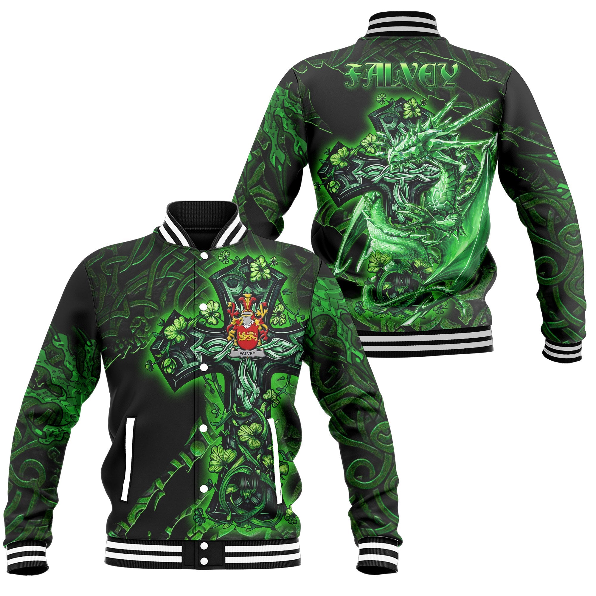 Falvey or O Falvey Baseball Jackets Celtic Cross And Dragon Style