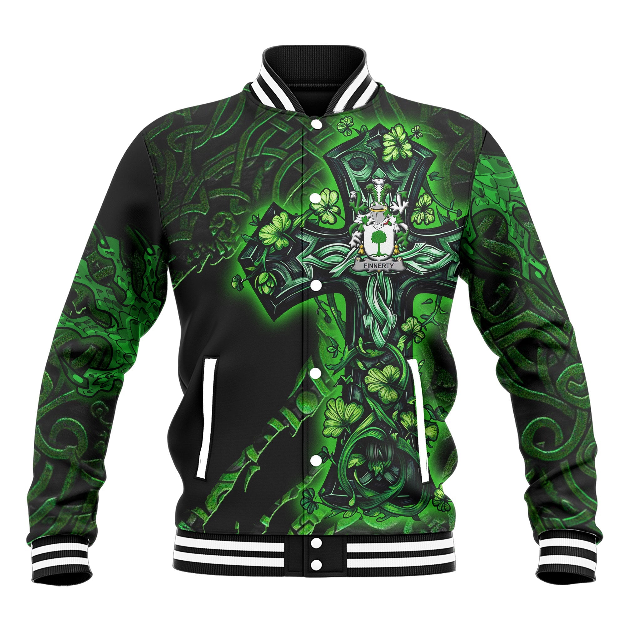 Finnerty or O Finaghty Baseball Jackets Celtic Cross And Dragon Style