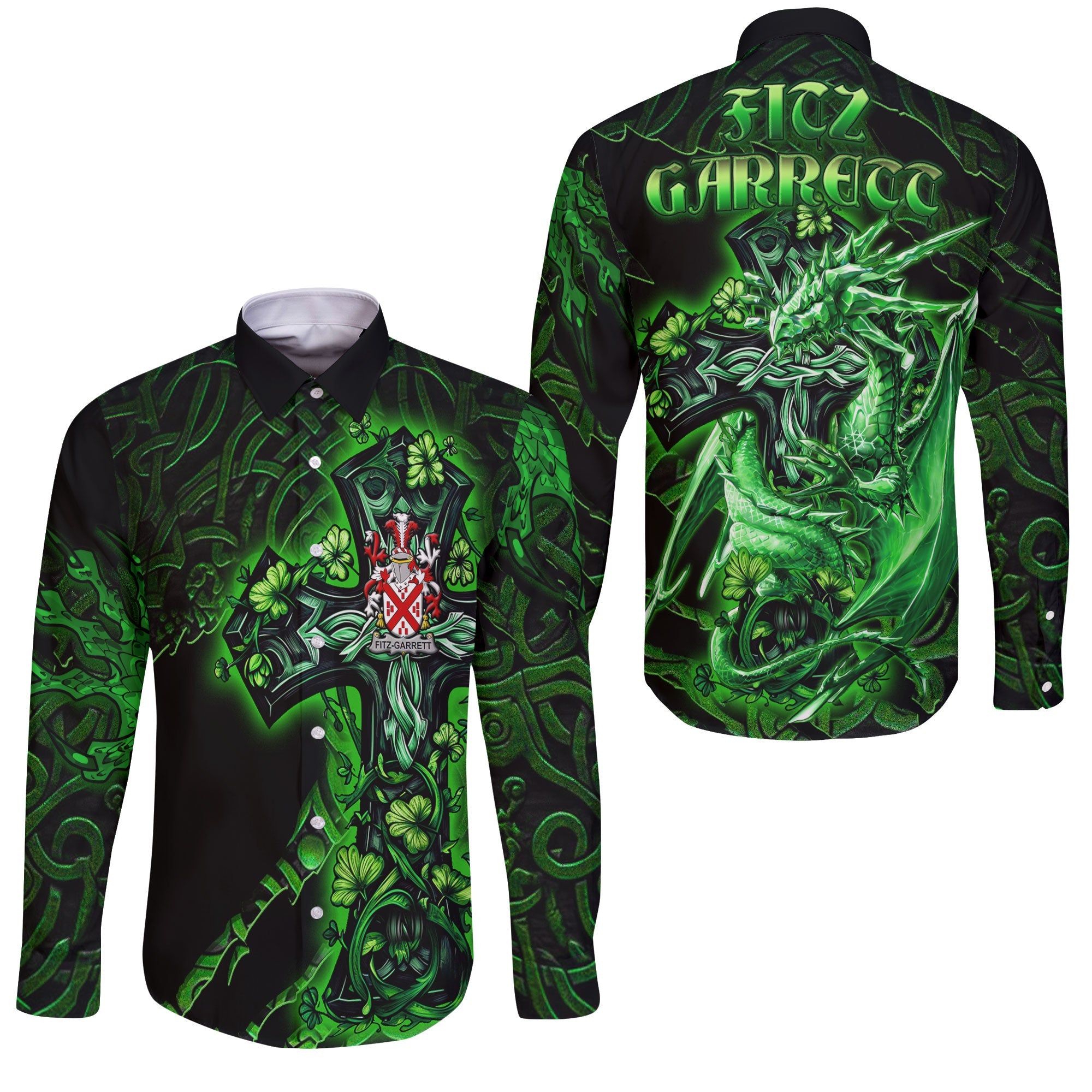 Fitz Garrett Long Sleeve Button Shirts Celtic Cross And Dragon Style