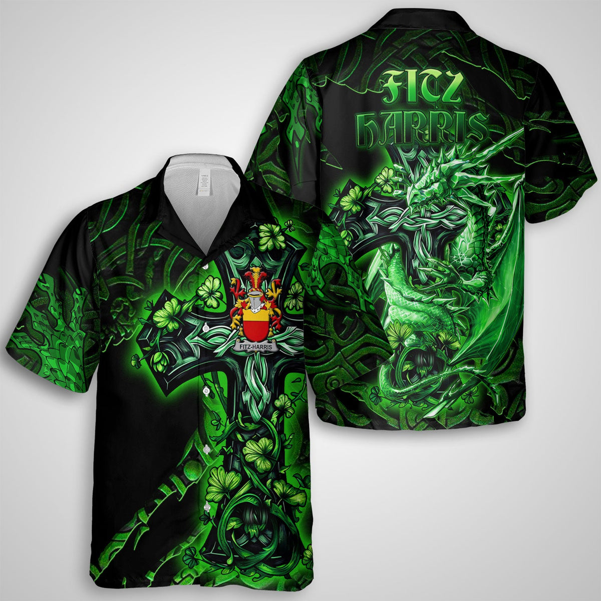 Fitz Harris Hawaiian Shirts Celtic Cross And Dragon Style