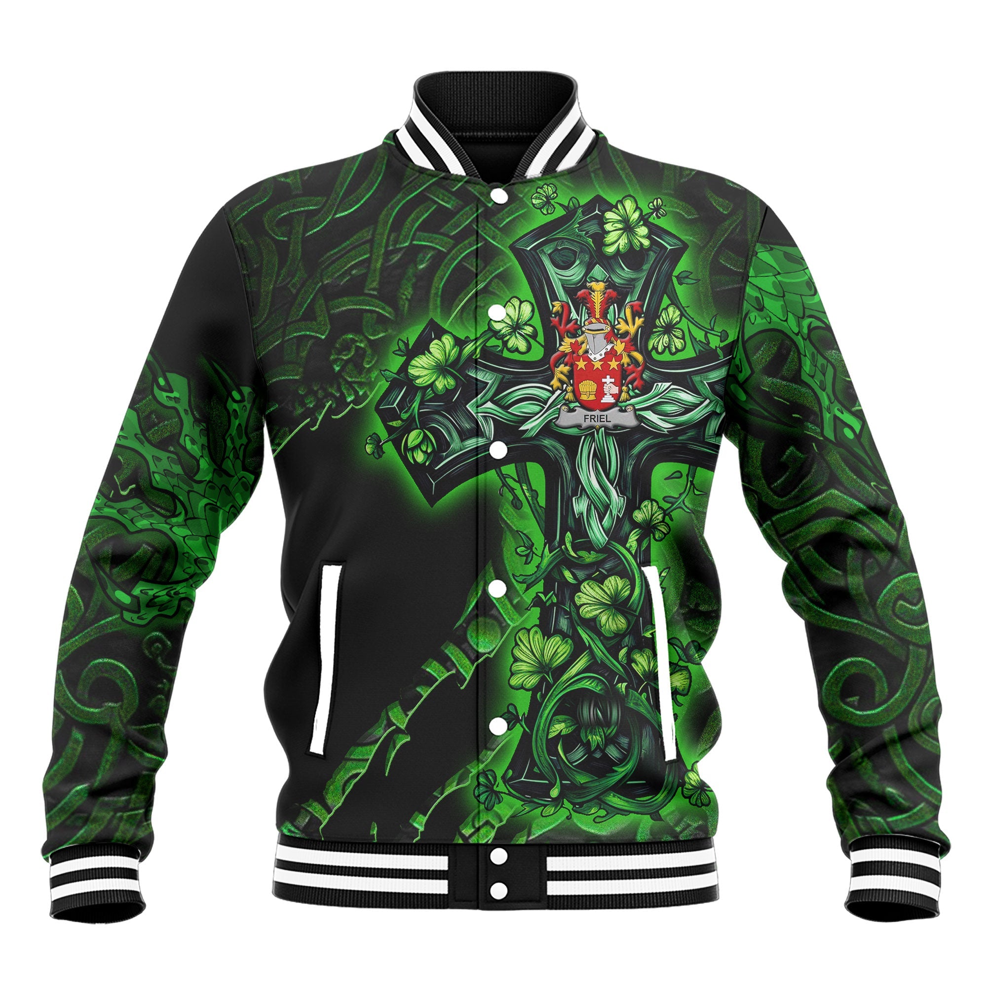 Friel or O Friel Baseball Jackets Celtic Cross And Dragon Style