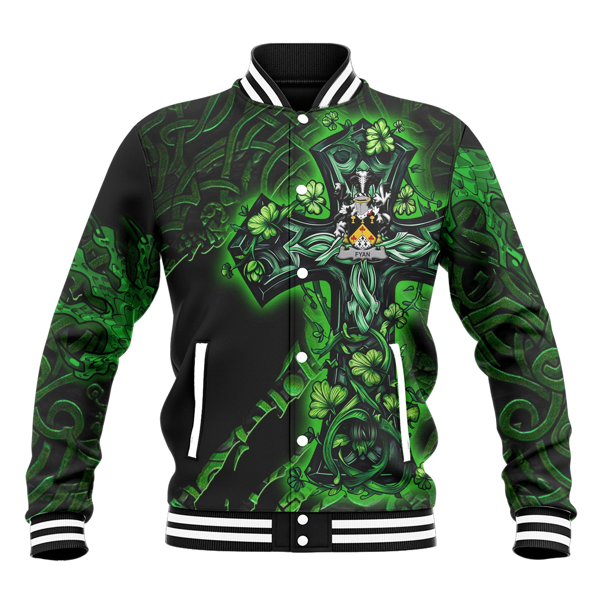 Fyan or Faghan Baseball Jackets Celtic Cross And Dragon Style