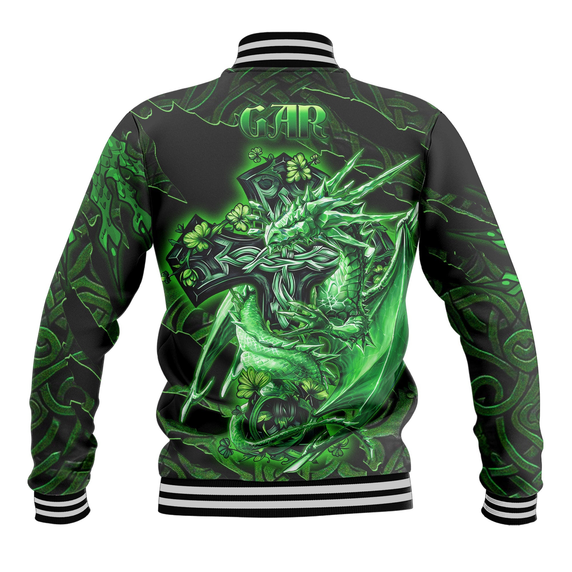 Gar or Garr Baseball Jackets Celtic Cross And Dragon Style