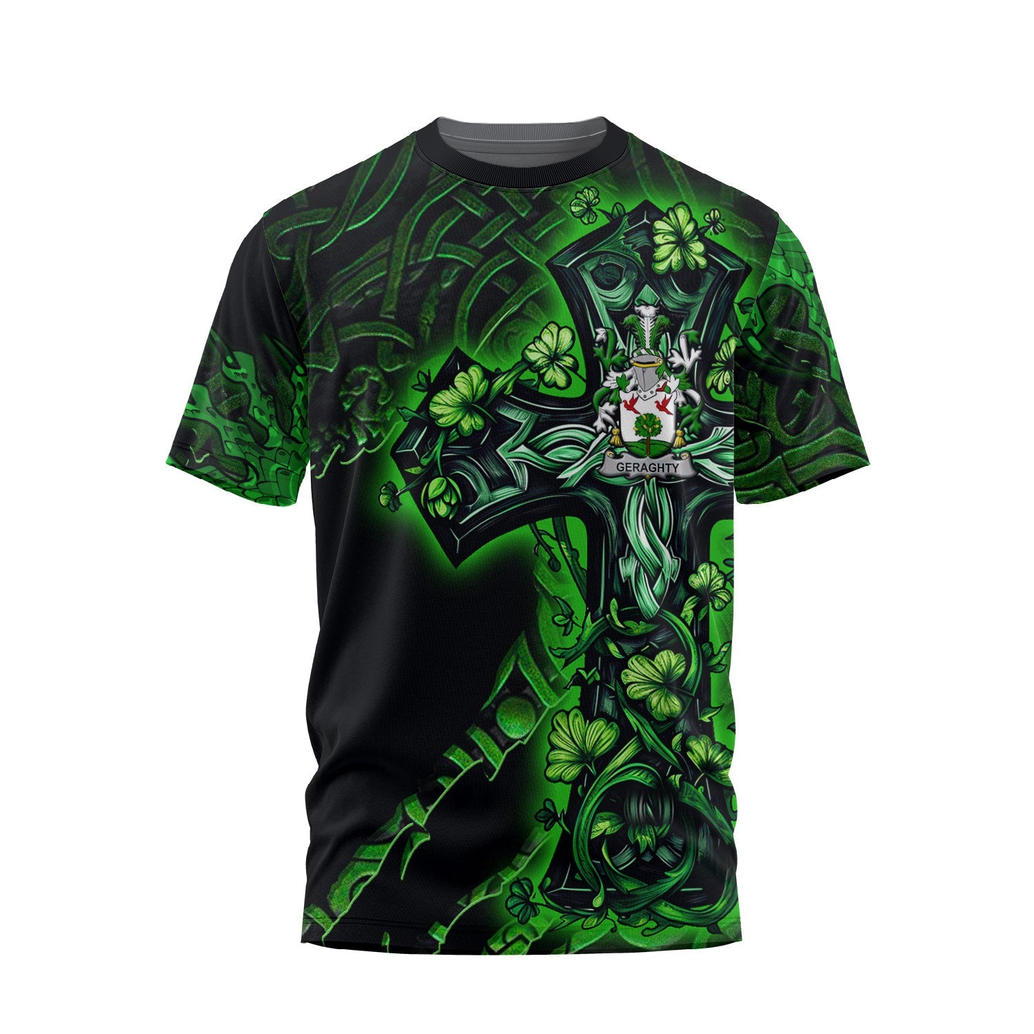 Geraghty or McGarrity T-Shirts Celtic Cross And Dragon Style