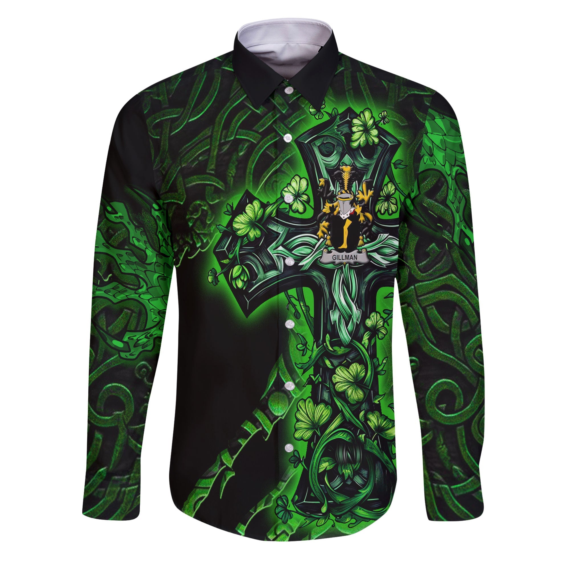 Gillman Long Sleeve Button Shirts Celtic Cross And Dragon Style