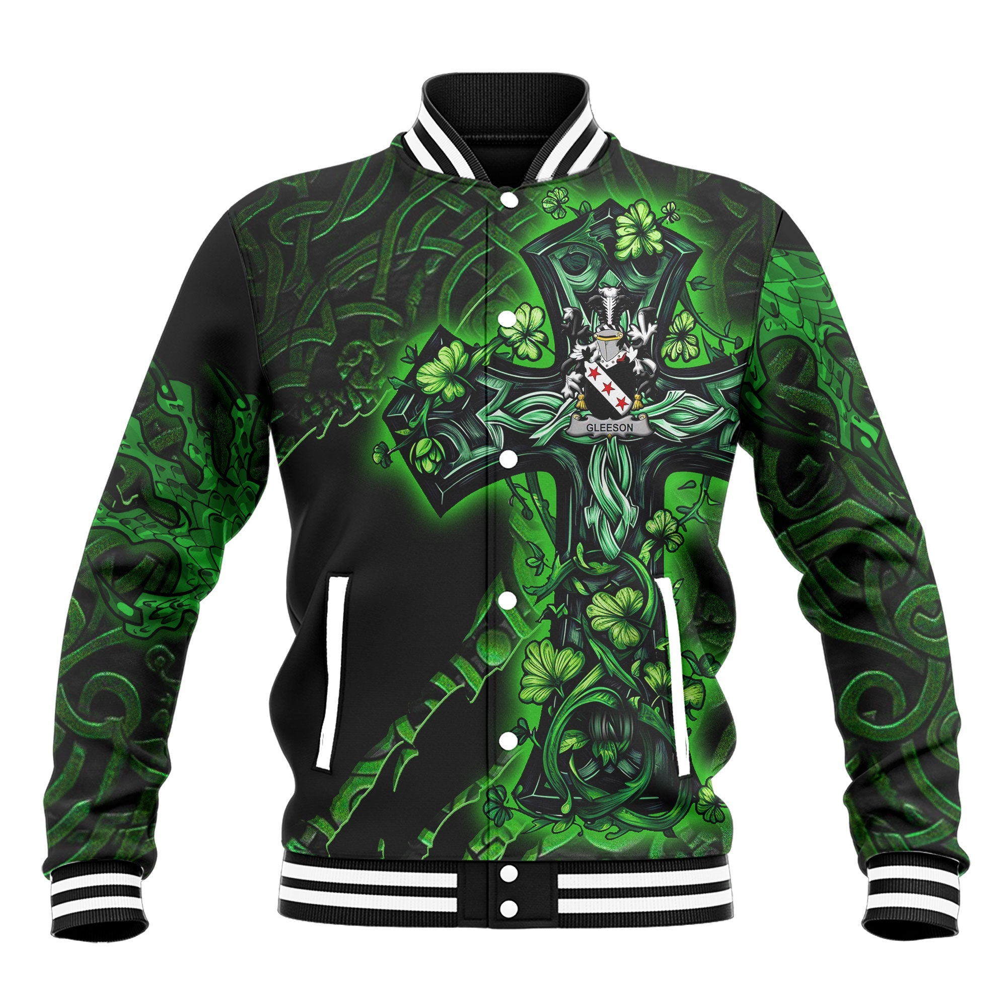 Gleeson or O Glissane Baseball Jackets Celtic Cross And Dragon Style