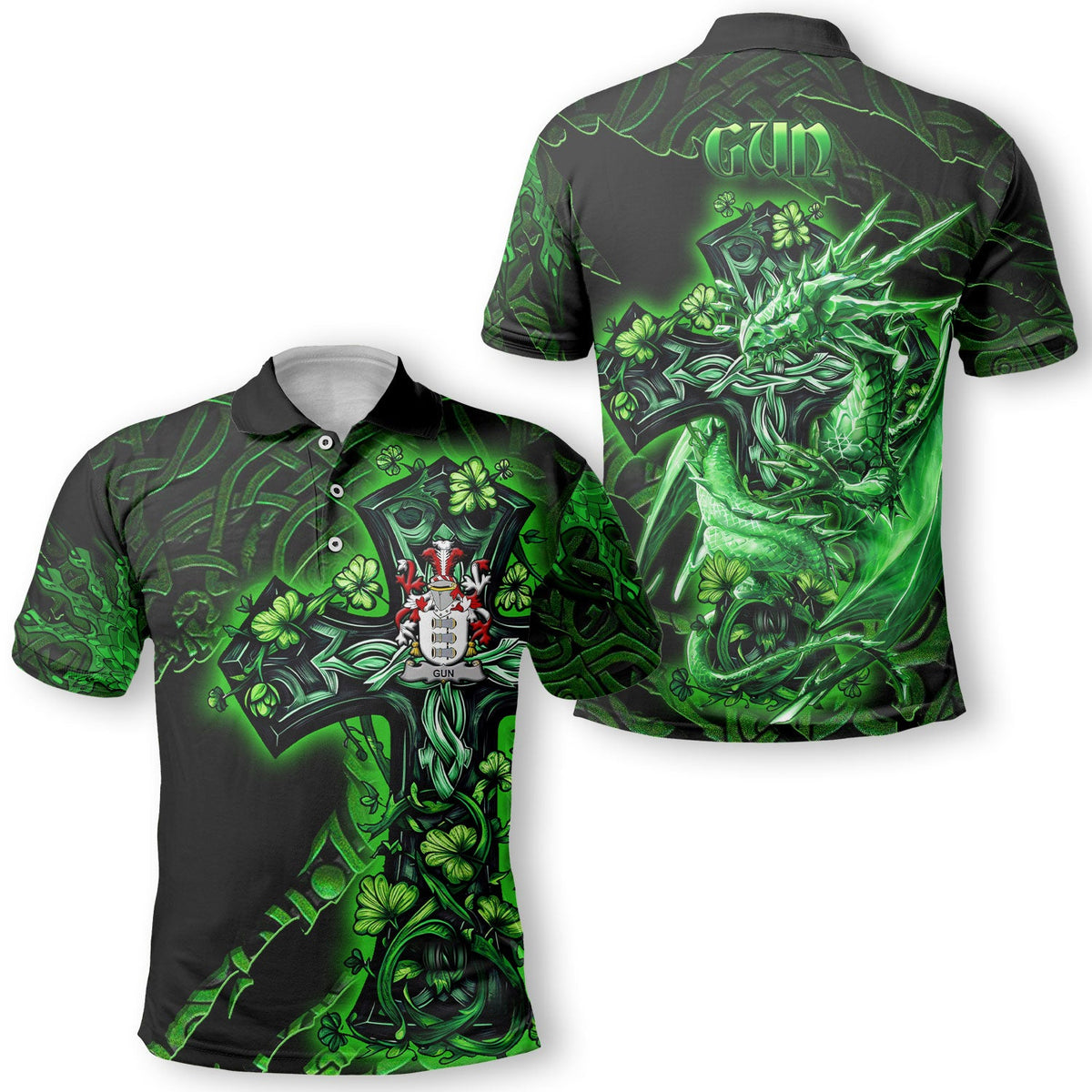 Gun or McElgunn Polo Shirts Celtic Cross And Dragon Style