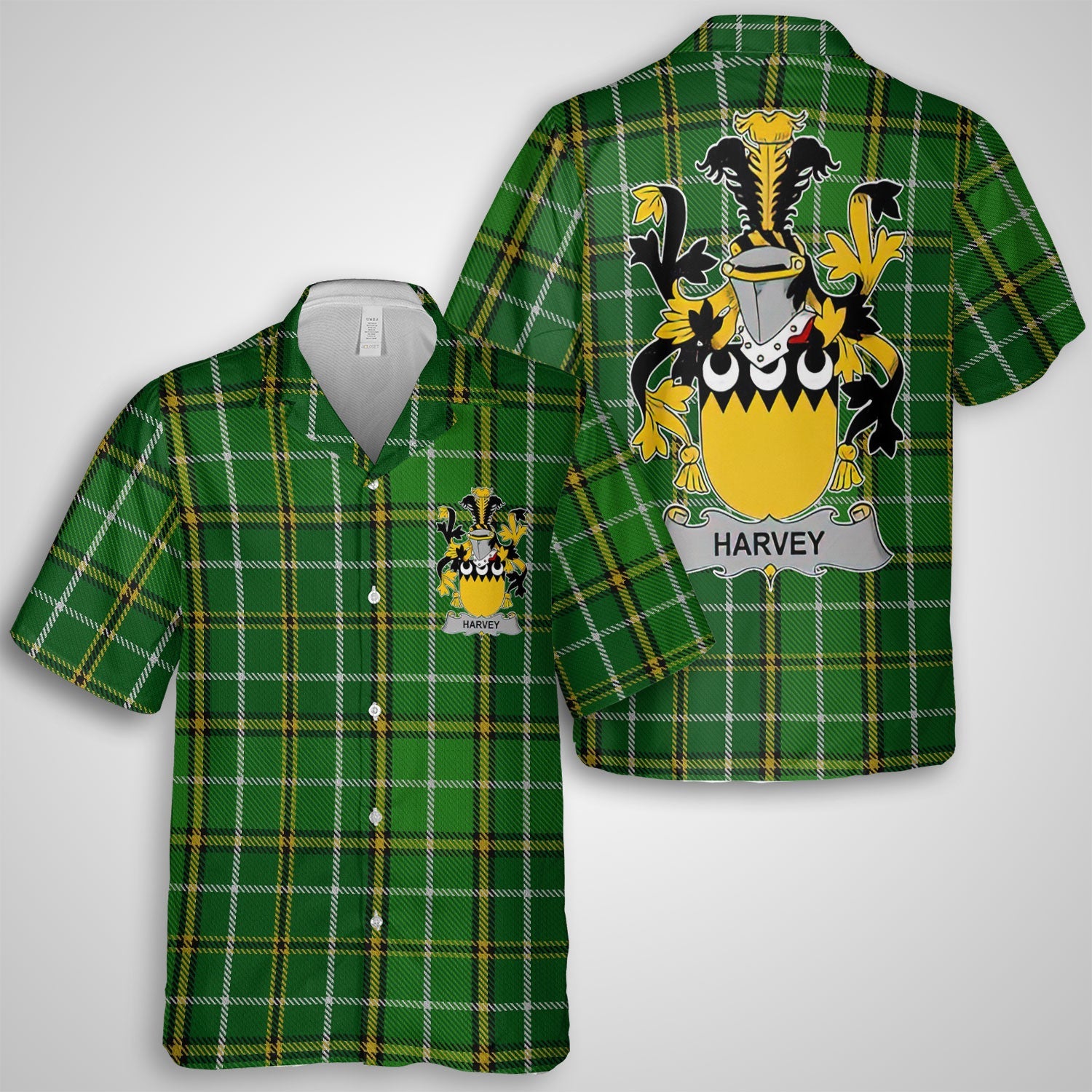 Harvey or Hervey Hawaiian Shirts Crest And National Plaid Style