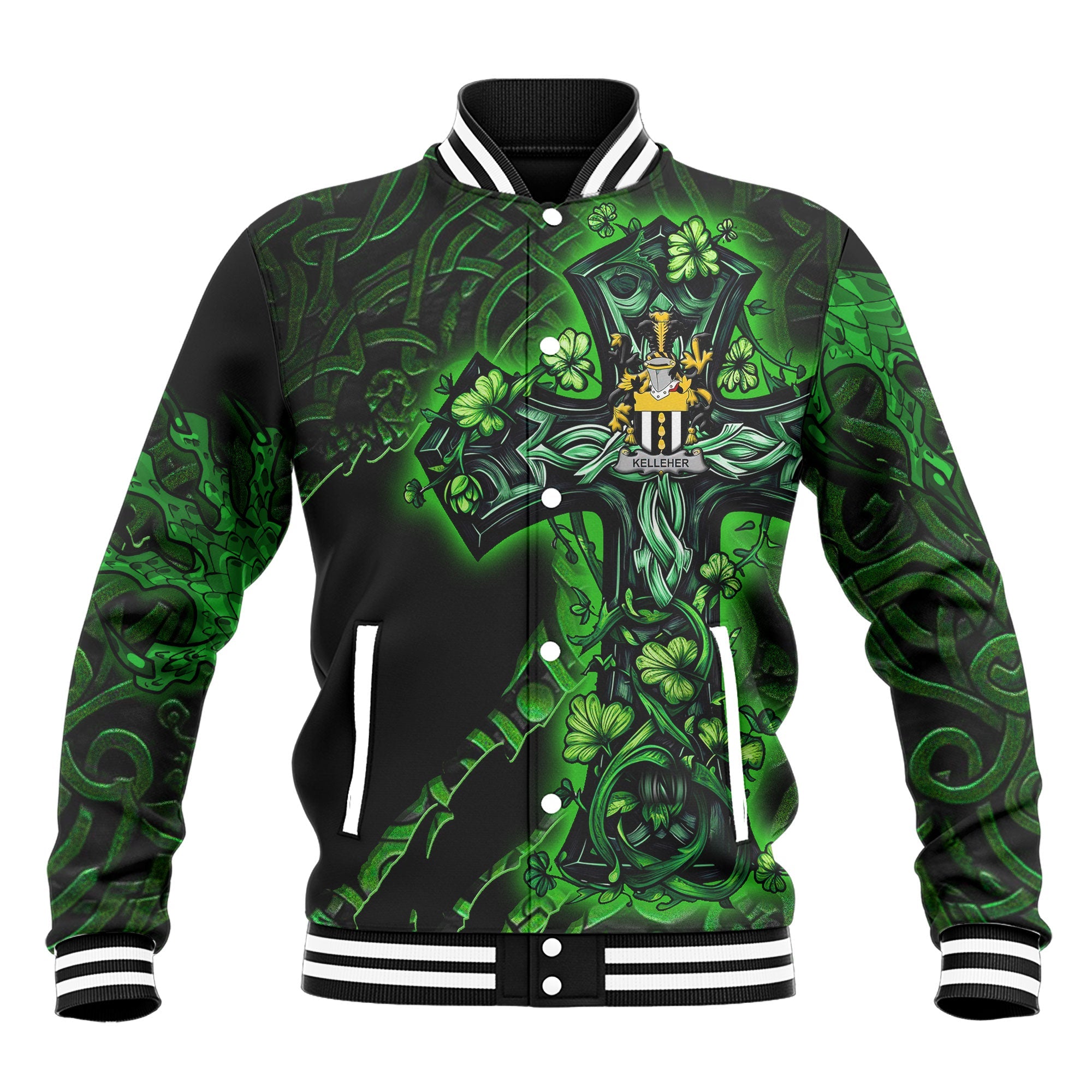 Kelleher or O Kelleher Baseball Jackets Celtic Cross And Dragon Style