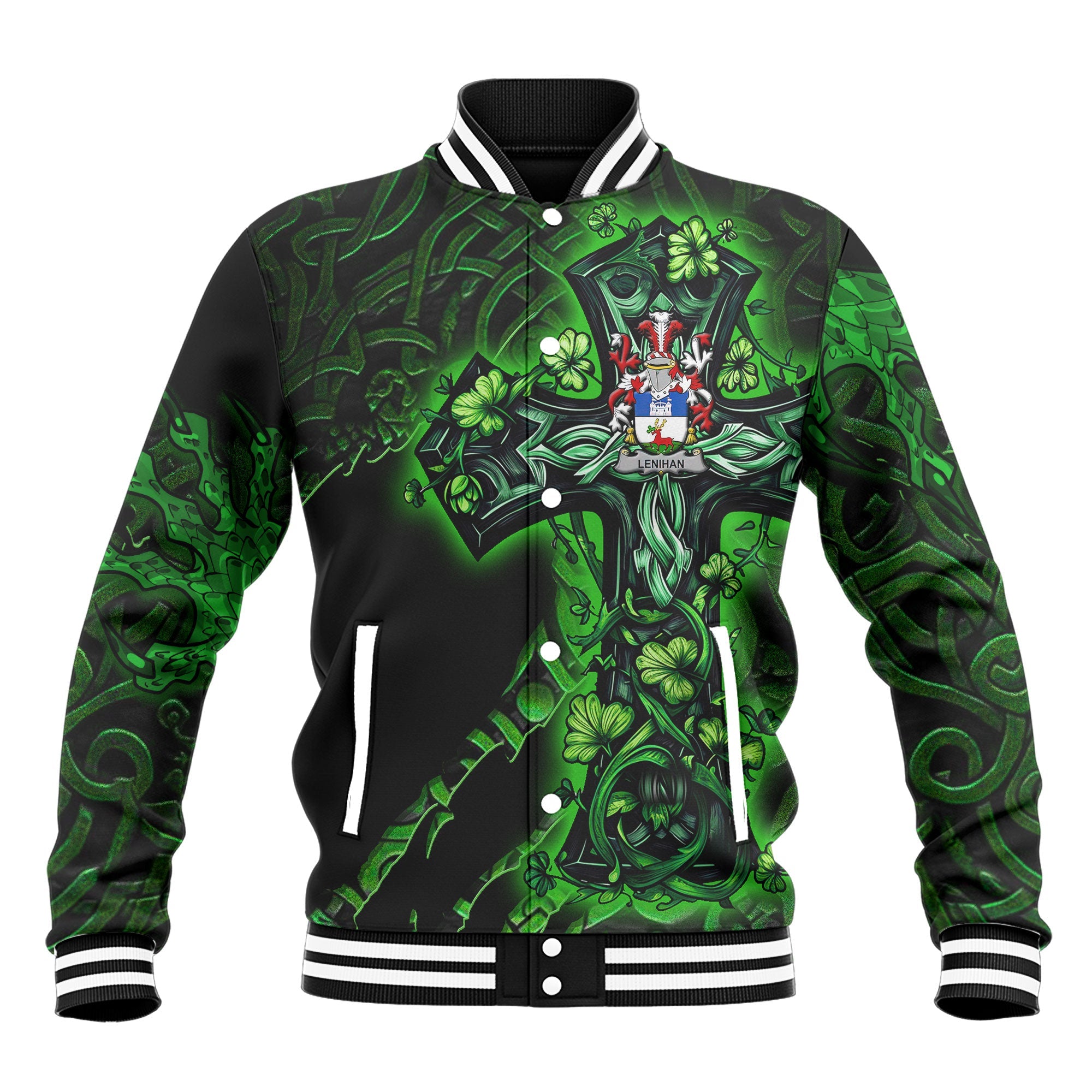 Lenihan or O Lenaghan Baseball Jackets Celtic Cross And Dragon Style