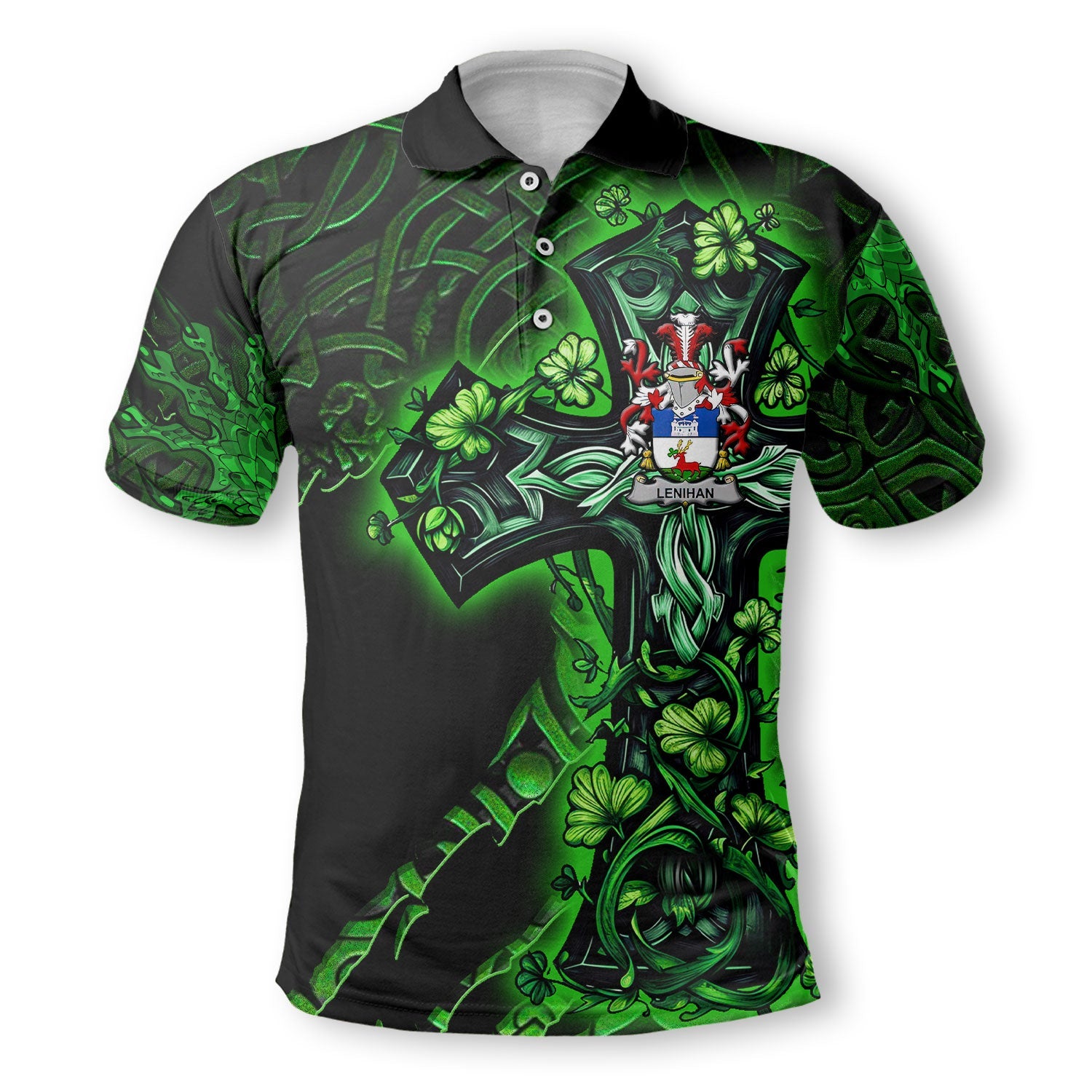 Lenihan or O Lenaghan Polo Shirts Celtic Cross And Dragon Style