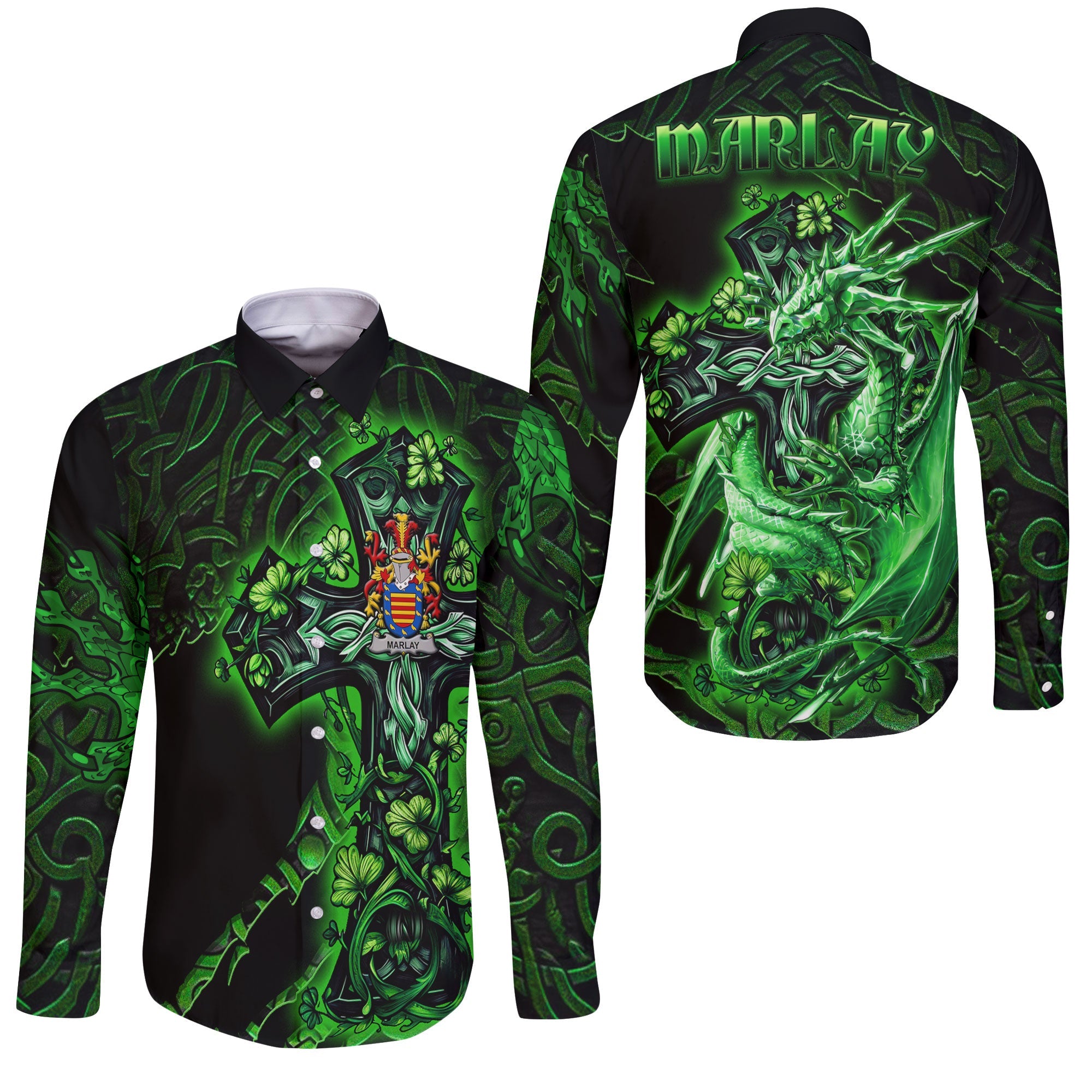 Marlay or O Marley Long Sleeve Button Shirts Celtic Cross And Dragon Style