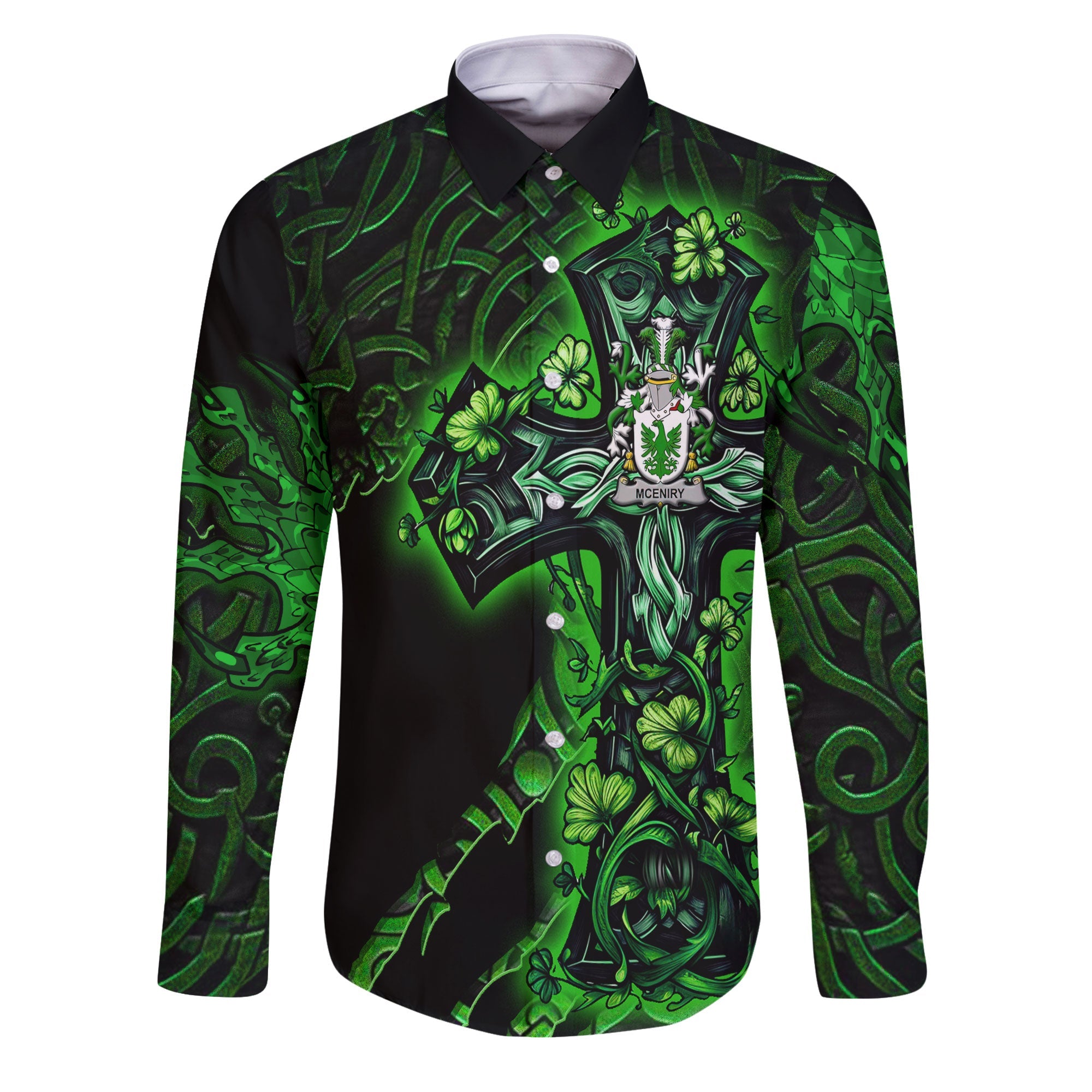 McEniry or McEnery Long Sleeve Button Shirts Celtic Cross And Dragon Style