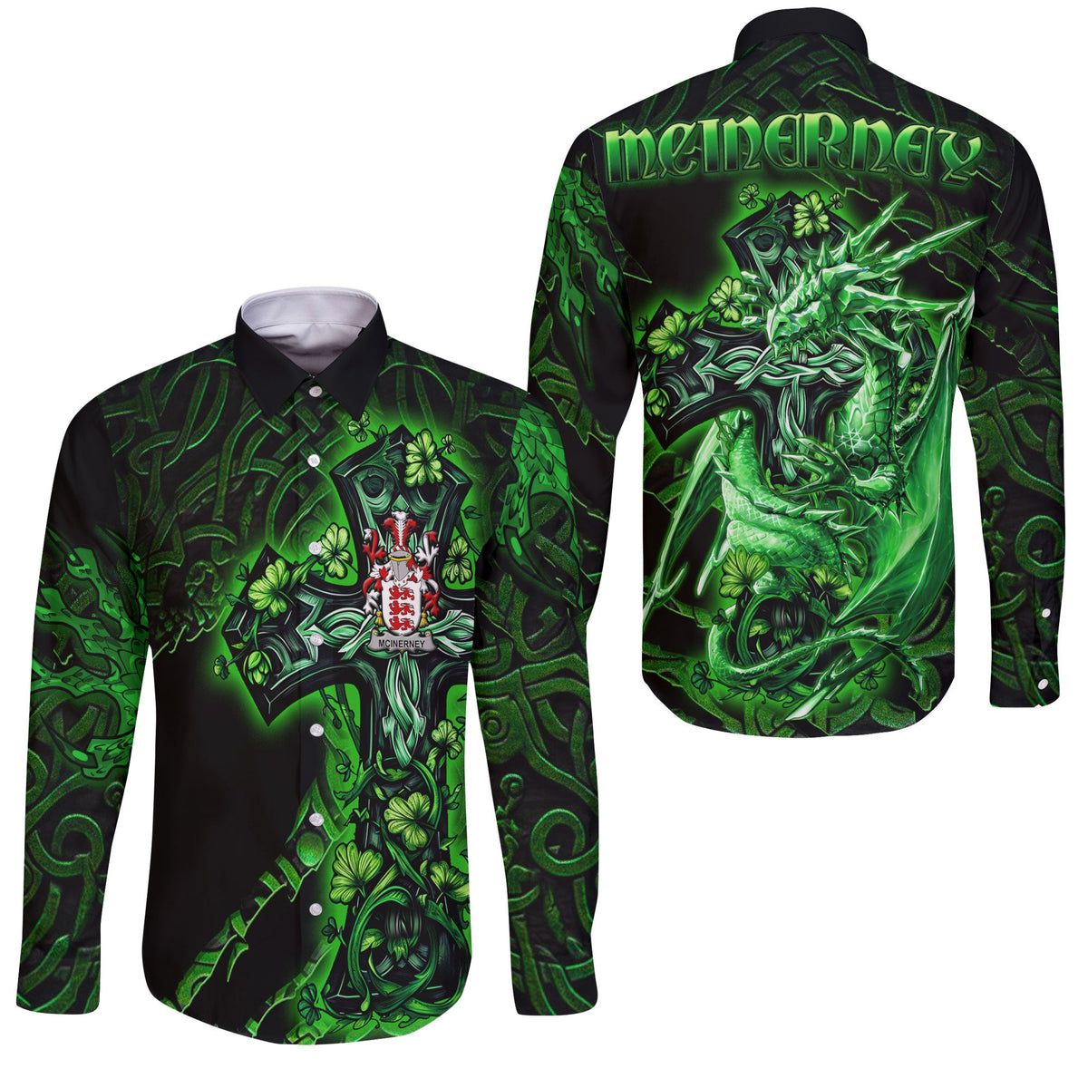 McInerney Long Sleeve Button Shirts Celtic Cross And Dragon Style