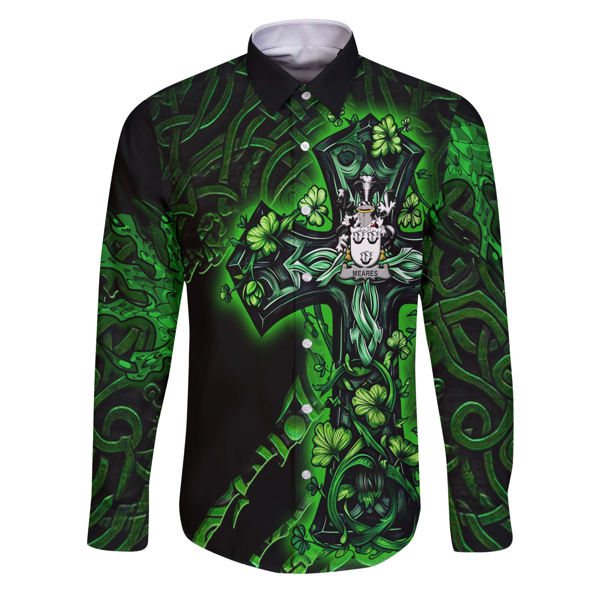 Meares Long Sleeve Button Shirts Celtic Cross And Dragon Style