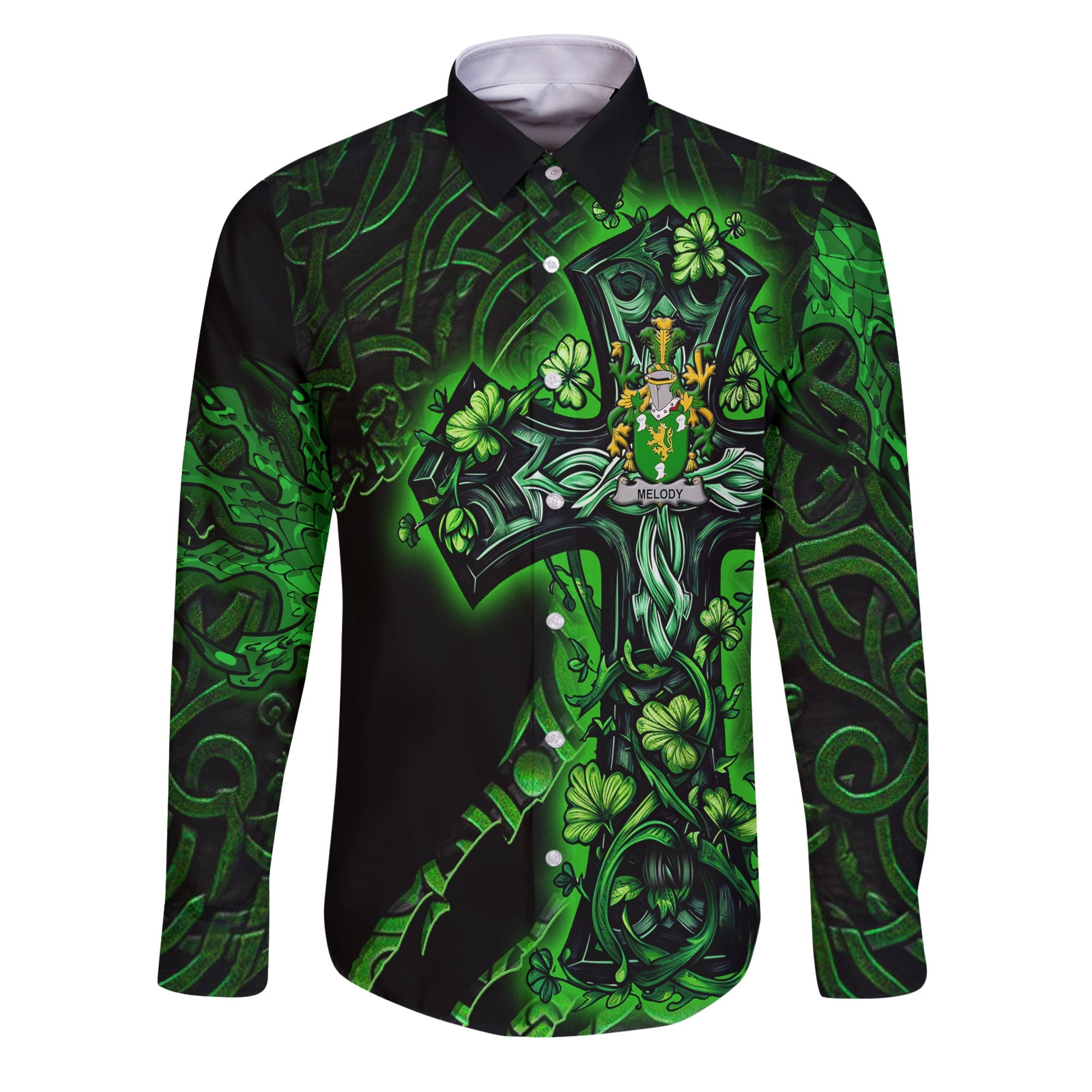 Melody or O Moledy Long Sleeve Button Shirts Celtic Cross And Dragon Style