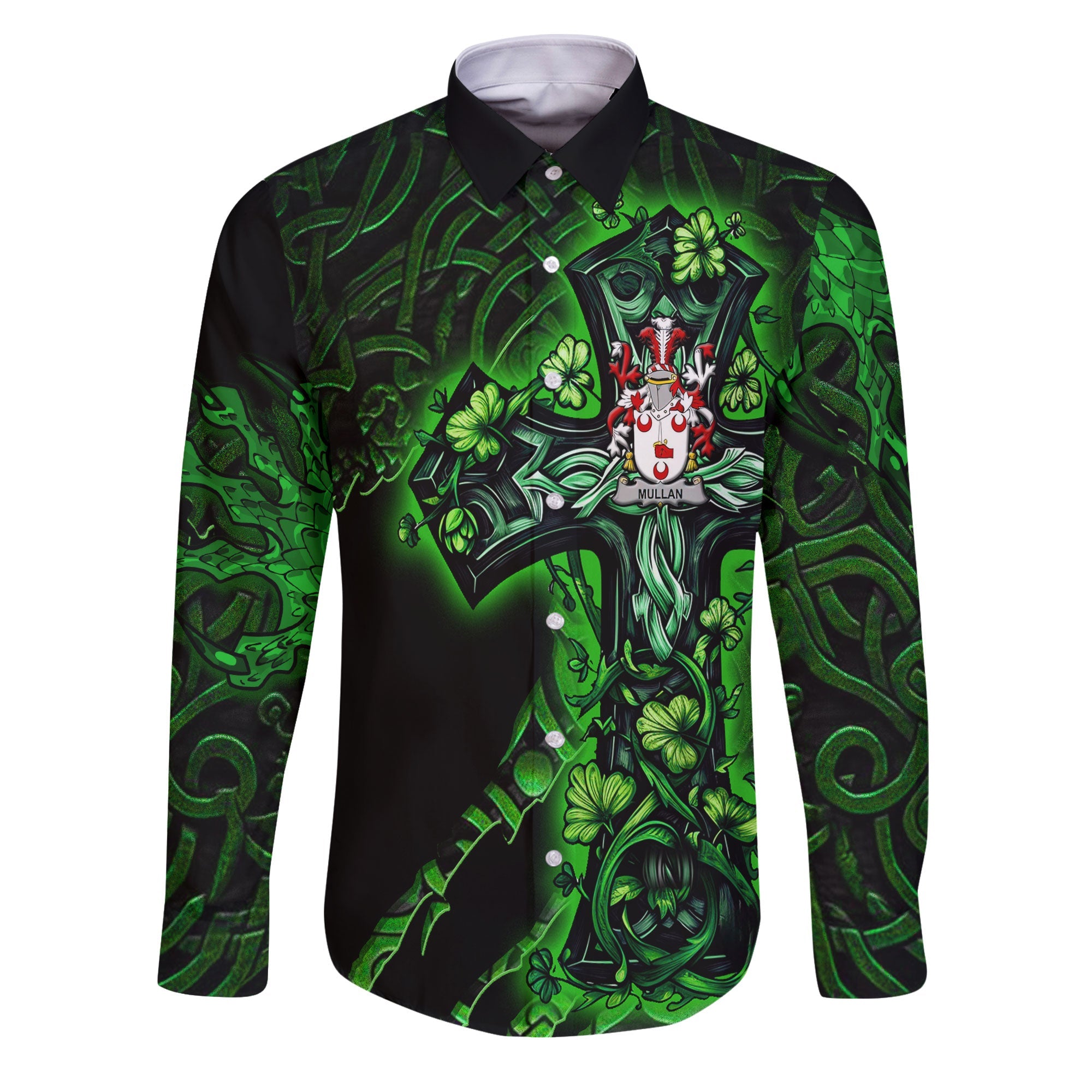 Mullan Long Sleeve Button Shirts Celtic Cross And Dragon Style
