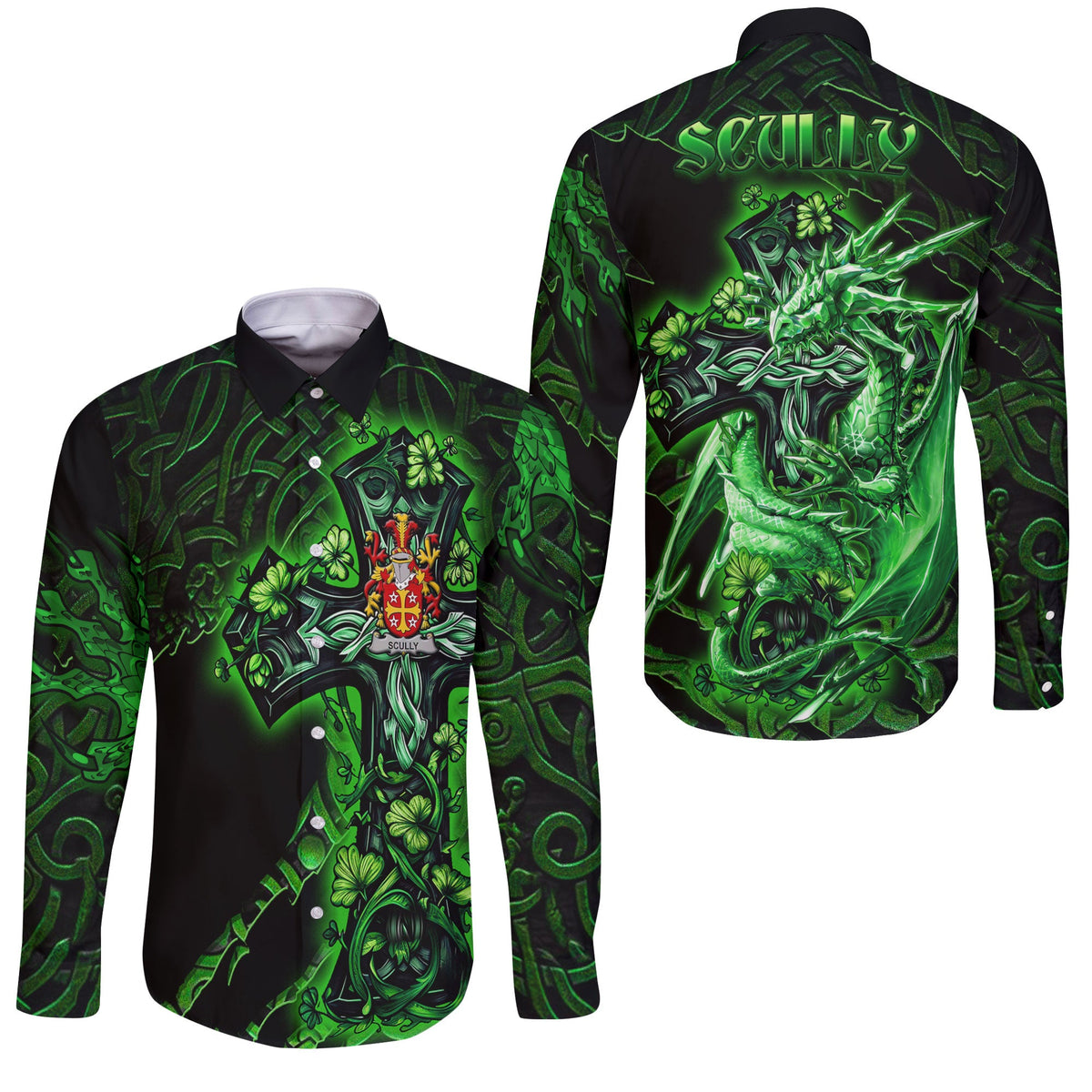 Scully or O Scully Long Sleeve Button Shirts Celtic Cross And Dragon Style