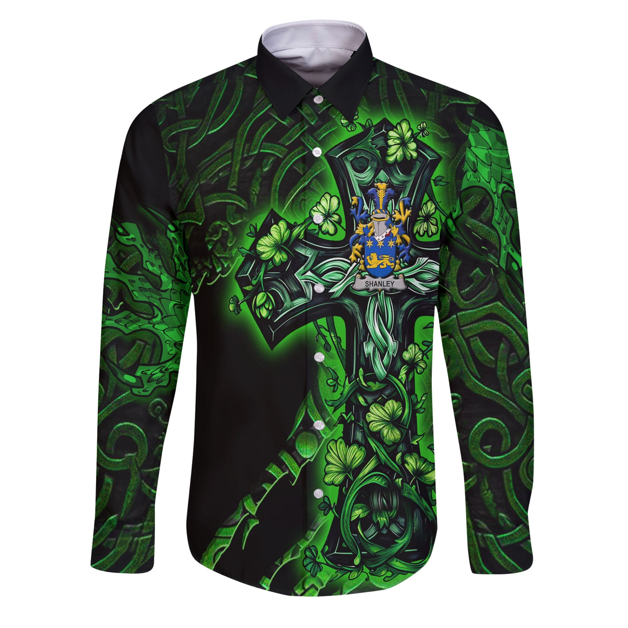 Shanley or McShanly Long Sleeve Button Shirts Celtic Cross And Dragon Style