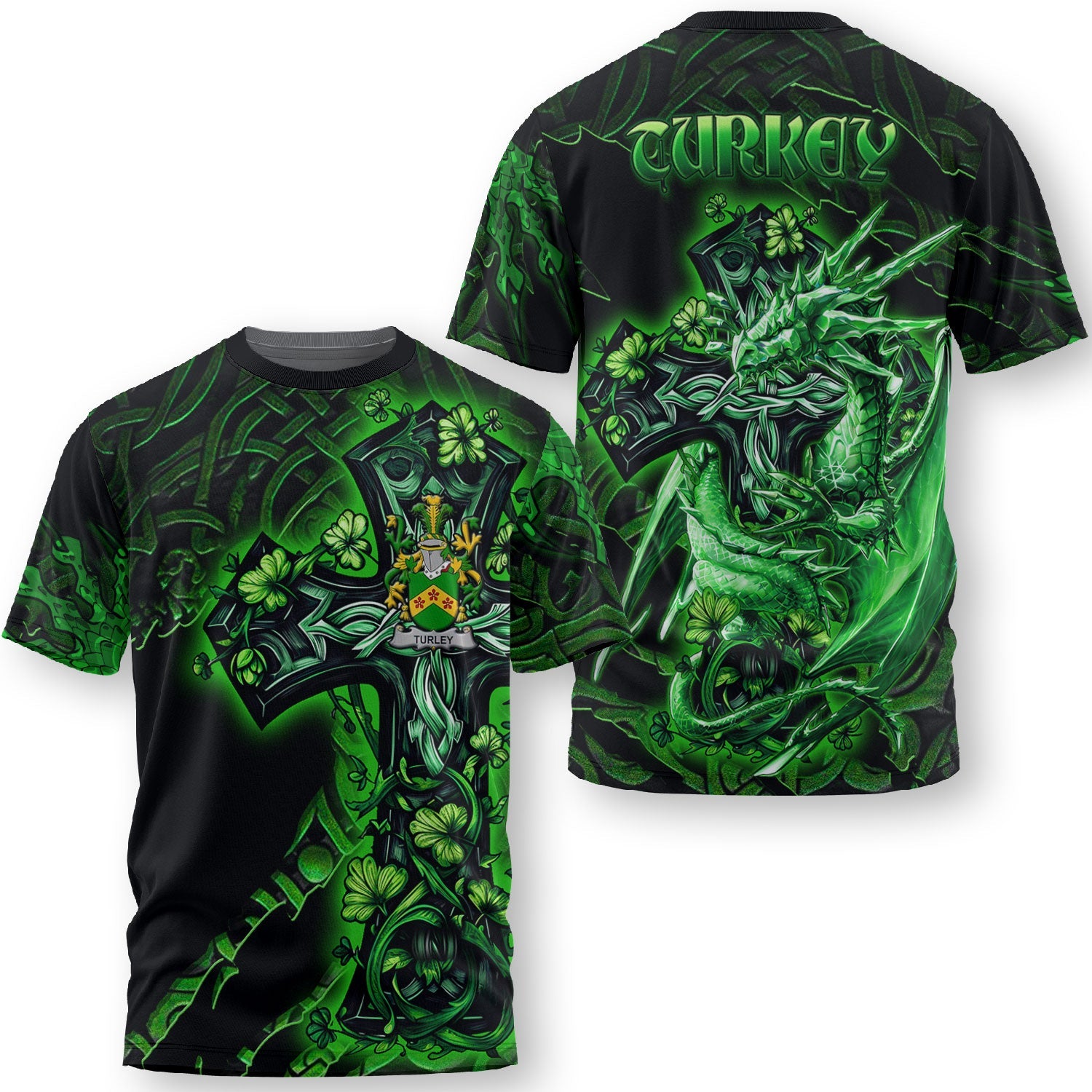 Turkey or MacCurley T-Shirts Celtic Cross And Dragon Style