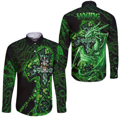 Young Long Sleeve Button Shirts Celtic Cross And Dragon Style