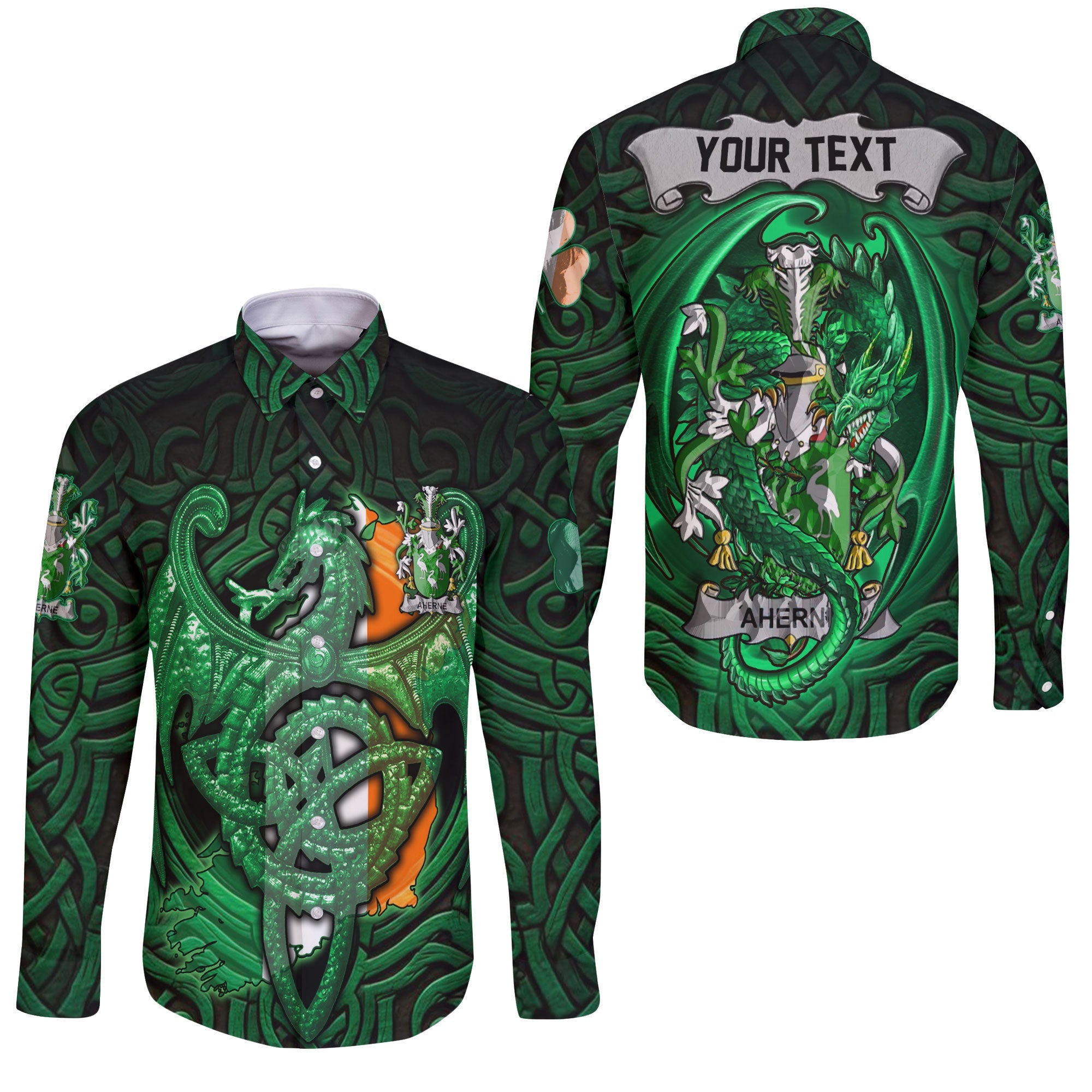 Aherne or Mulhern Long Sleeve Button Shirts The Green Dragon Of Ireland Style