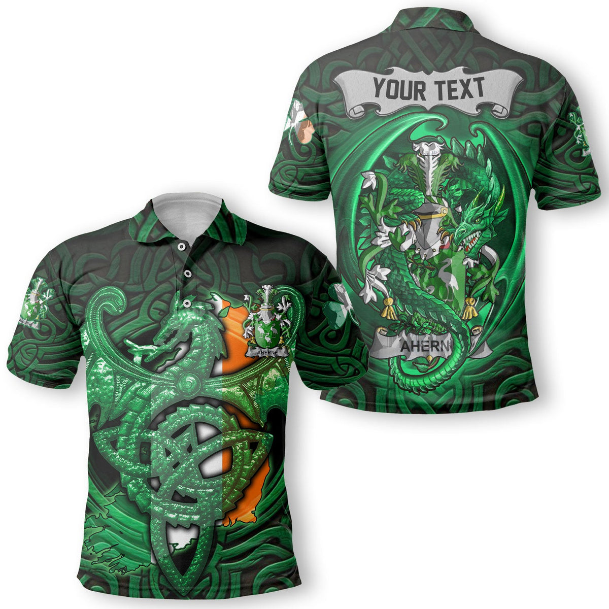 Aherne or Mulhern Polo Shirts The Green Dragon Of Ireland Style