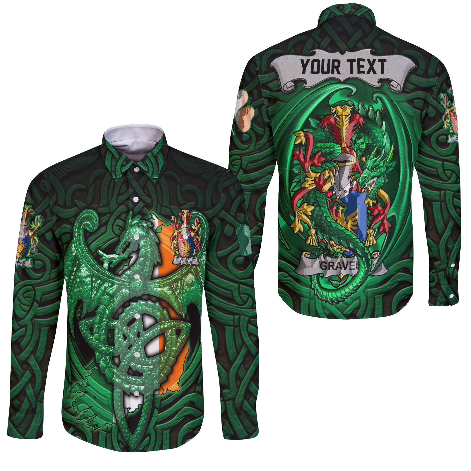 Graves or Greaves Long Sleeve Button Shirts The Green Dragon Of Ireland Style