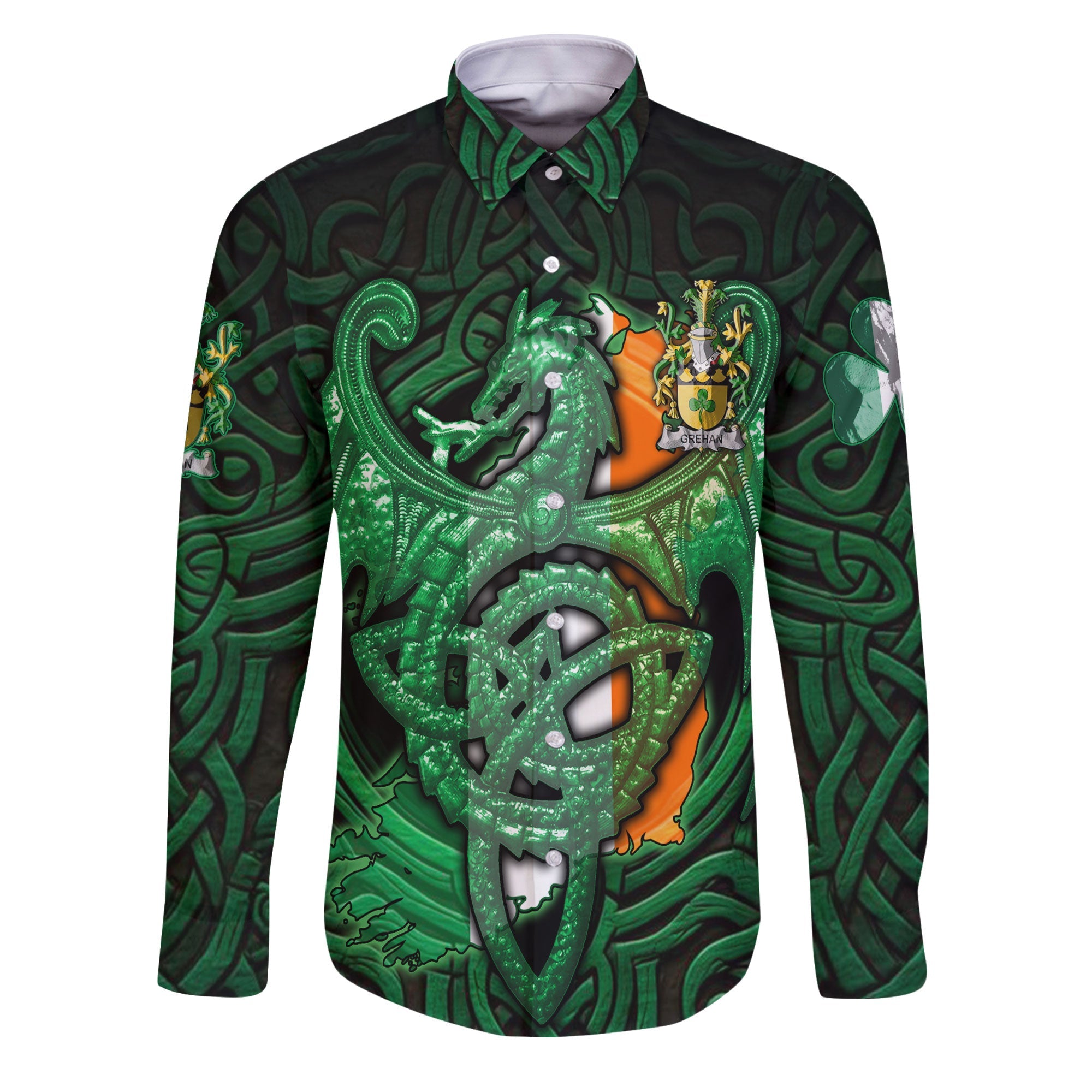 Grehan or O Greaghan Long Sleeve Button Shirts The Green Dragon Of Ireland Style