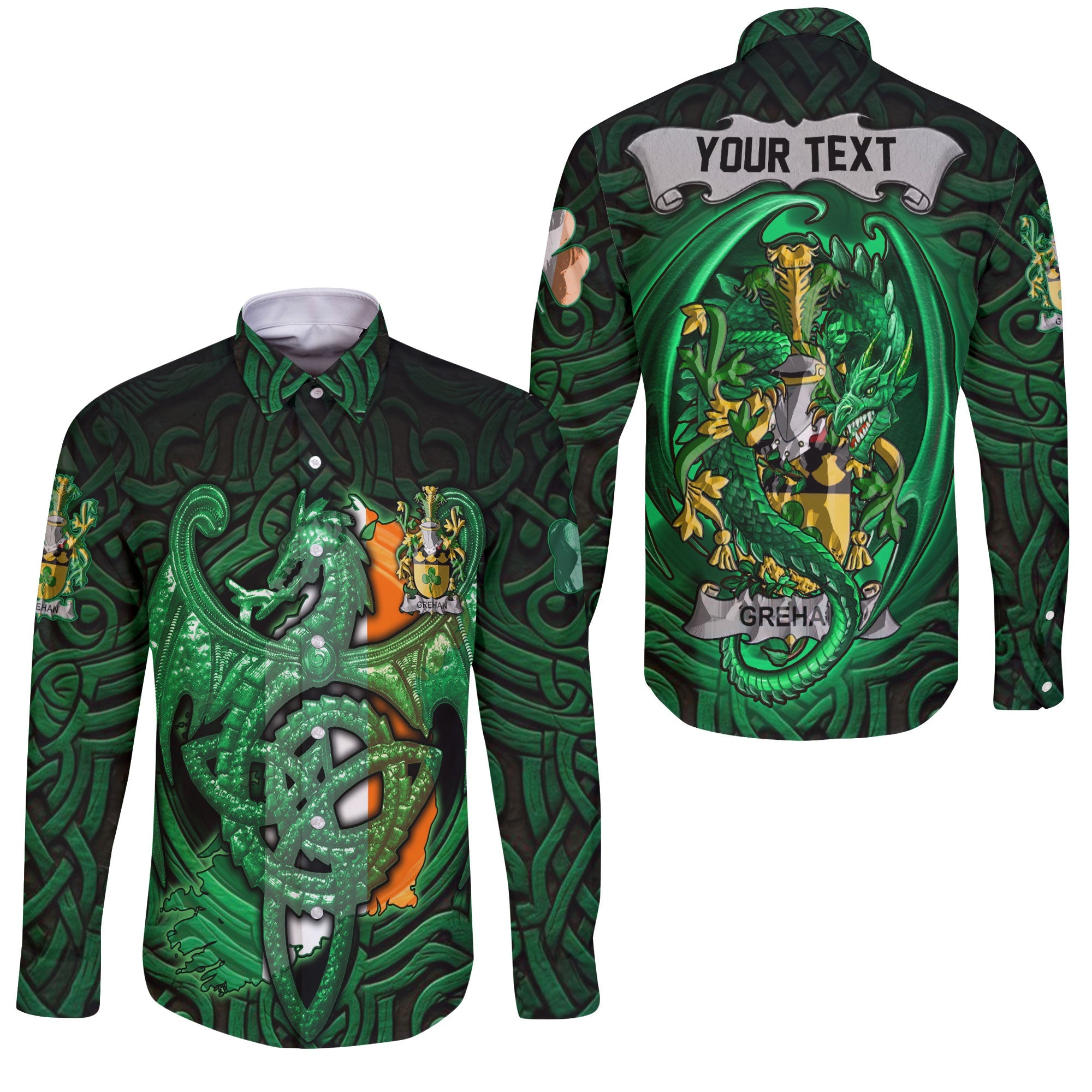 Grehan or O Greaghan Long Sleeve Button Shirts The Green Dragon Of Ireland Style