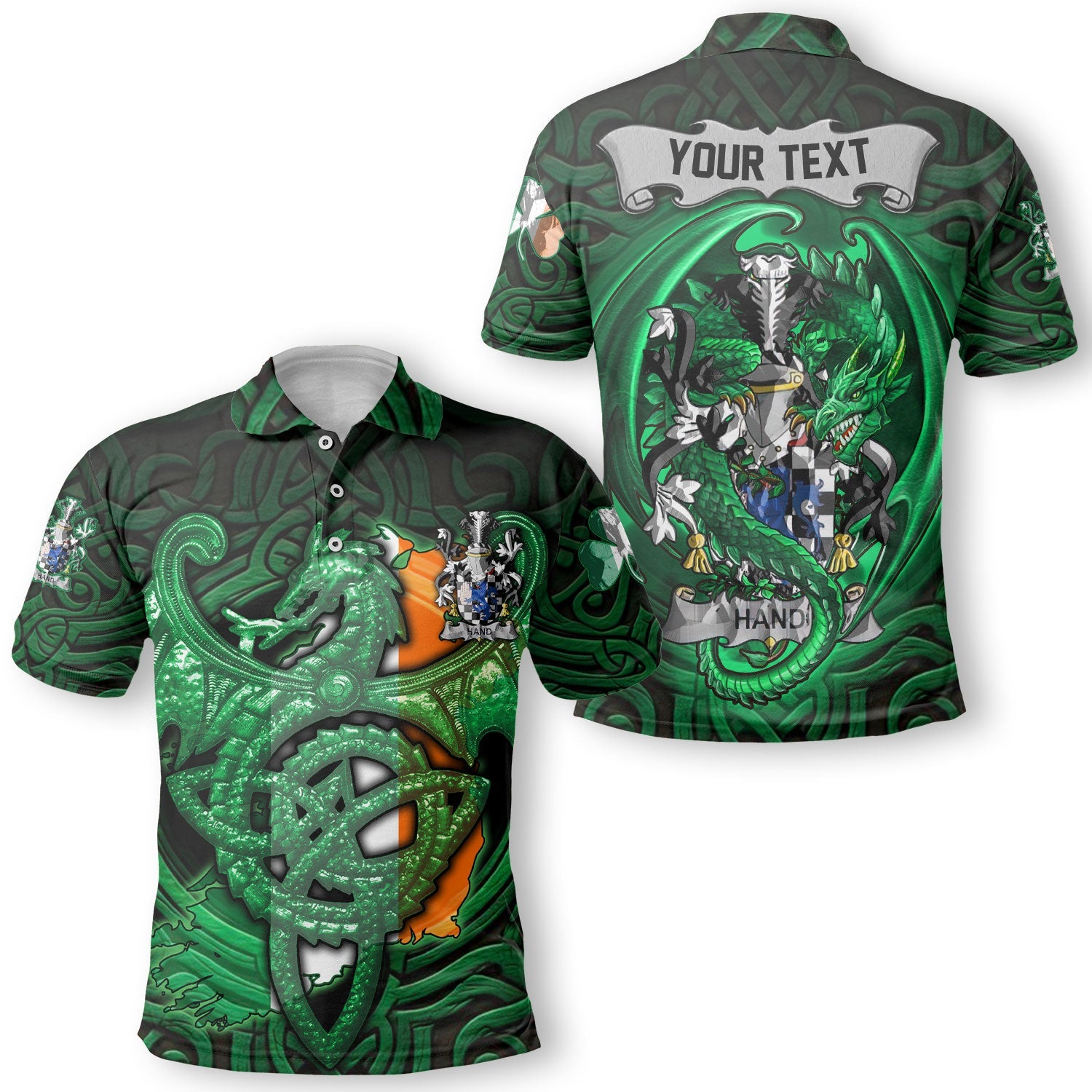 Hand or McClave Polo Shirts The Green Dragon Of Ireland Style