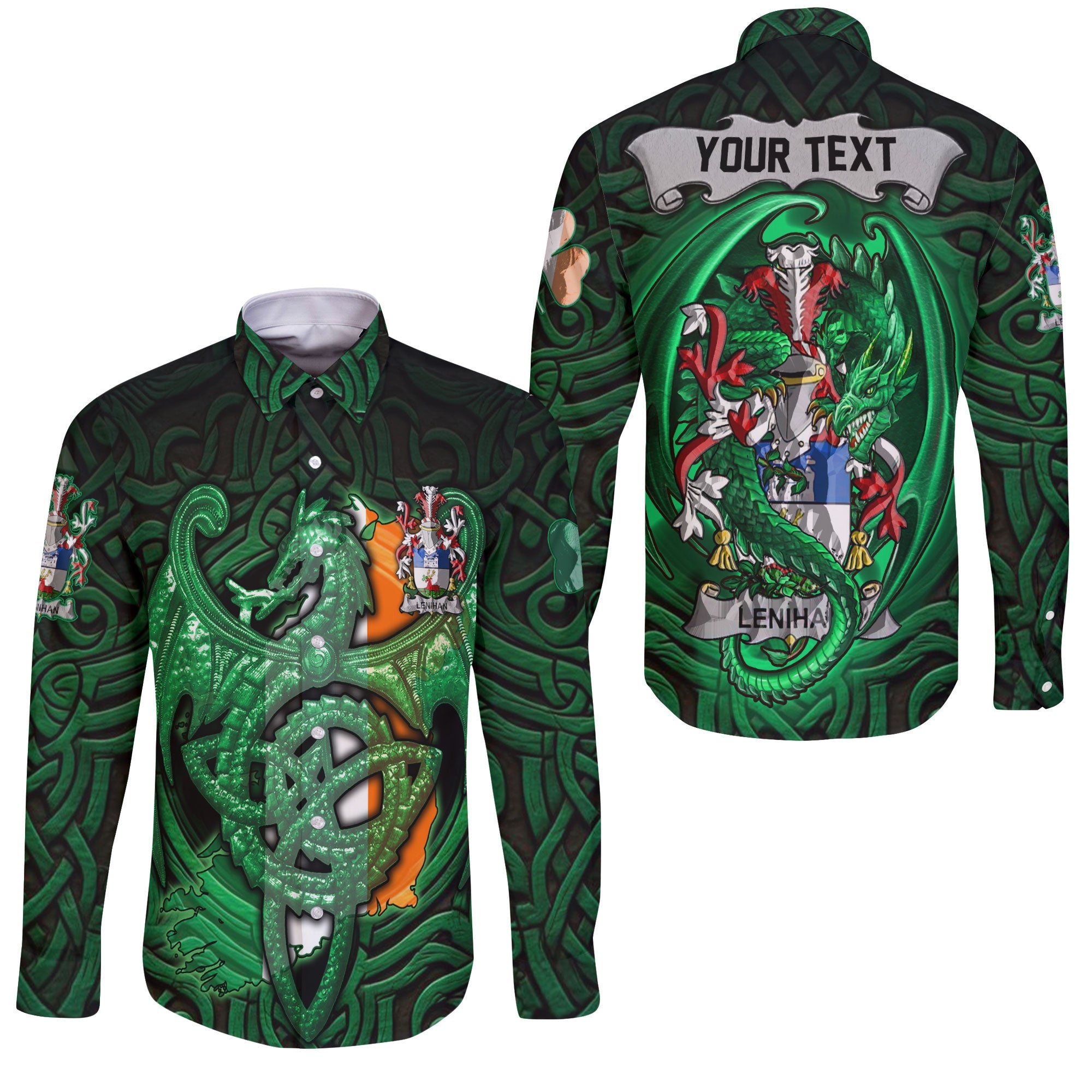 Lenihan or O Lenaghan Long Sleeve Button Shirts The Green Dragon Of Ireland Style